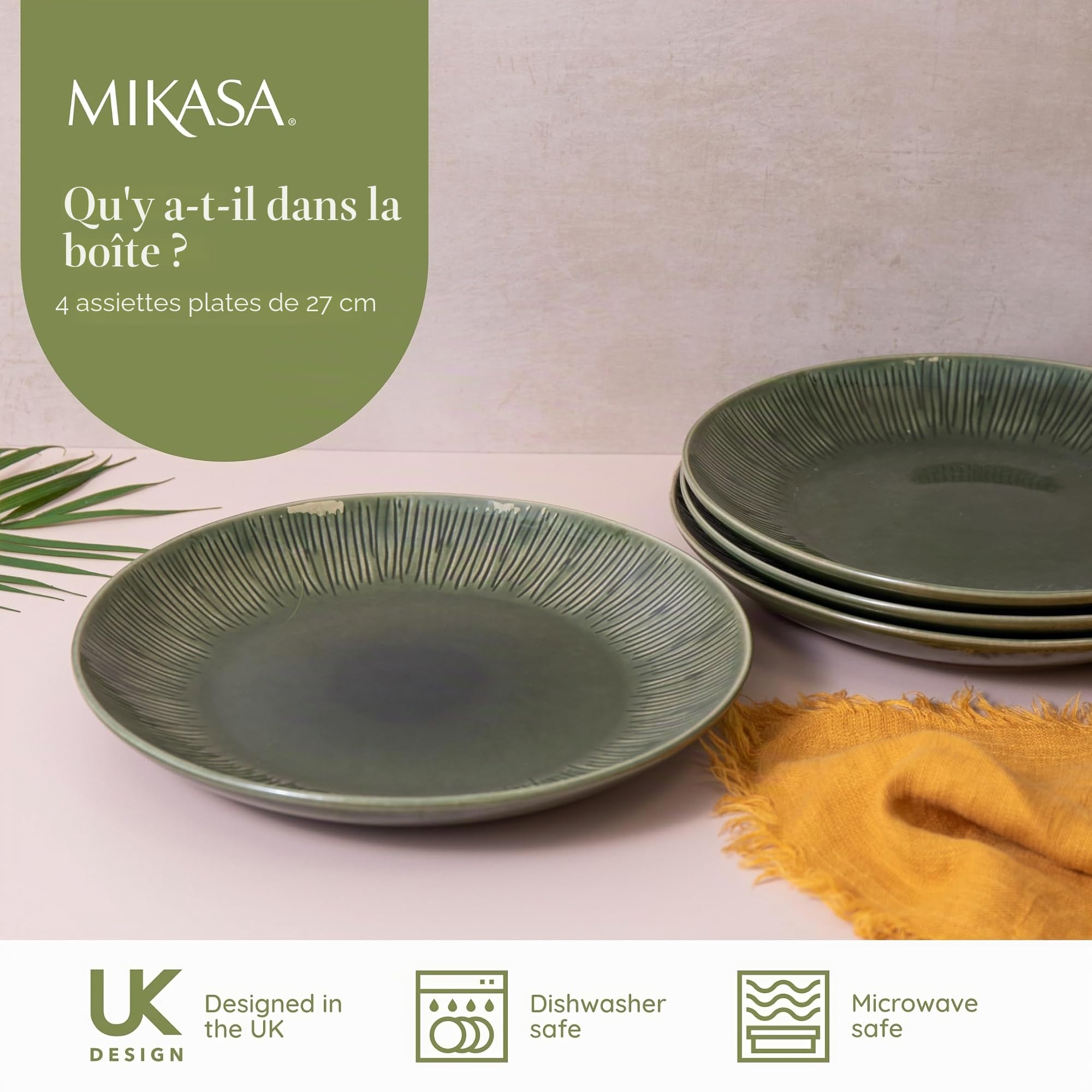 Mikasa Jardin Ensemble d'assiettes plates 4 pièces, vertes, service pour 4, ensemble de 4 assiettes plates en grès, assiettes rondes de 27 cm - Emballage cadeau et lavable au lave-vaisselle