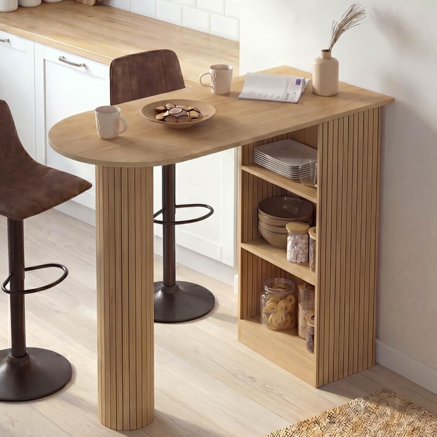 IDMarket - Table de Bar Juliette 2 à 4 Personnes Effet Lattes tasseau Bois