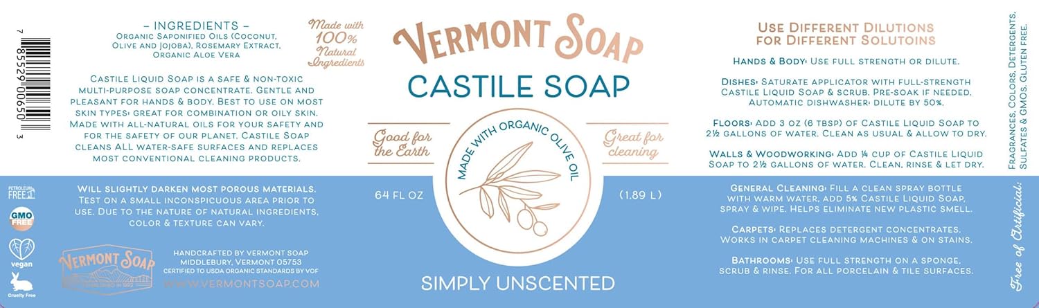Vermont Castile Soap Unscented, Gentle Liquid Soap for Sensitive Skin & Natural Body Wash, Organic Hair Shampoo for Oily Hair, Aloe Castile Soap for Men & Women - 64 Oz