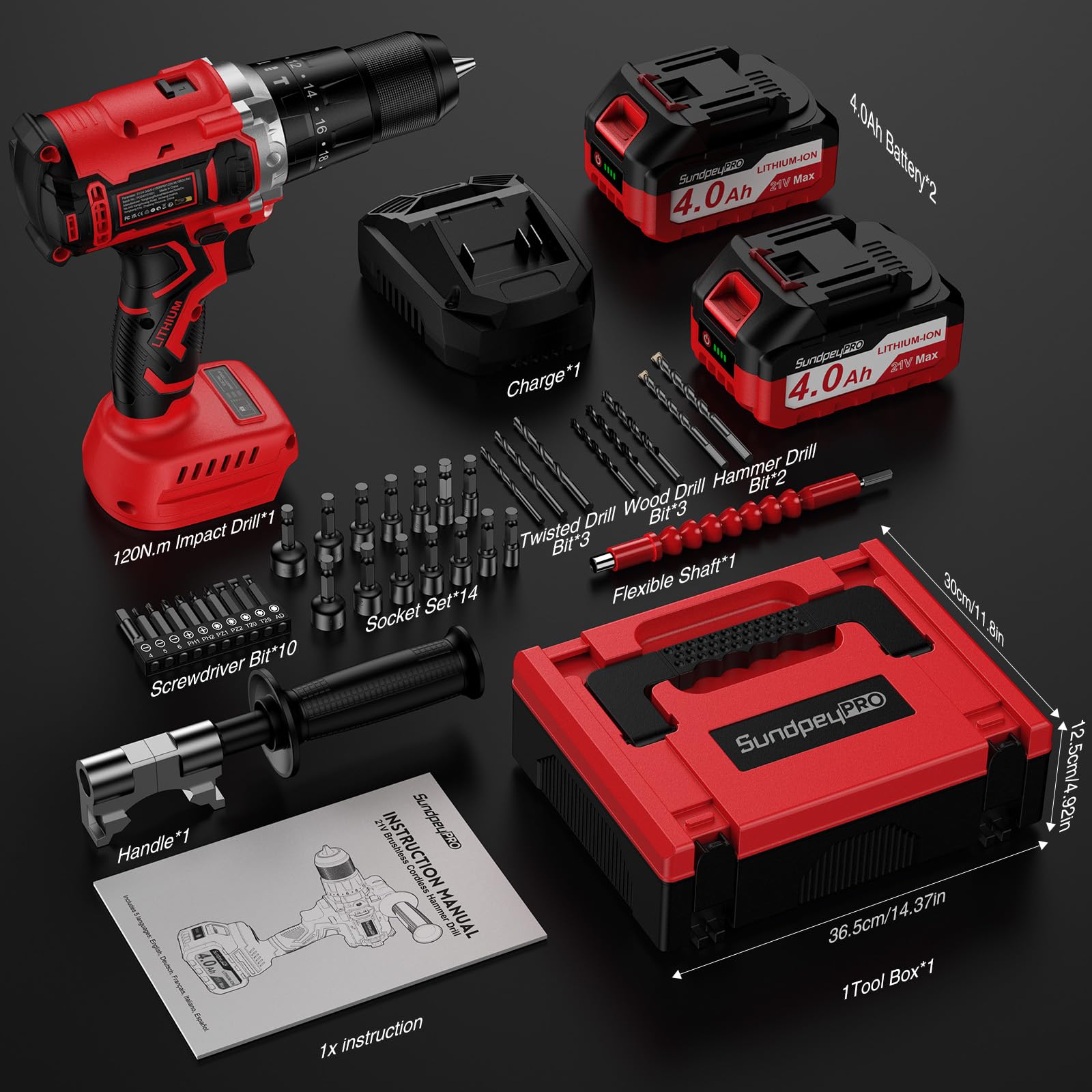 21V Taladro Percutor Bateria - Taladro Atornillador Batería Inalámbrico | Atornillador Electrico con 2 Baterías 4.0Ah, Función Impacto, Sin Escobillas, 20+3 Ajuste Par, 13mm Portabrocas, 2 Velocidad
