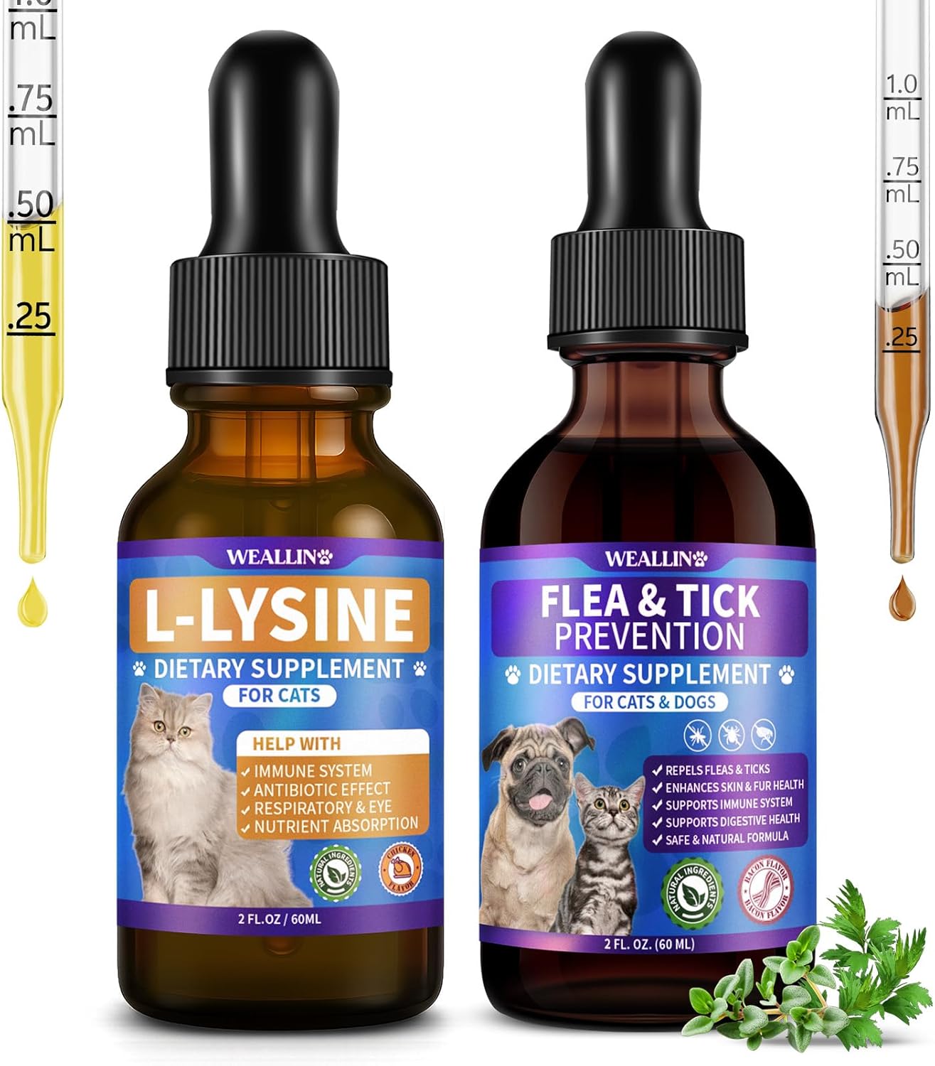 L-lysine Supplement for Cats to Boost Cat Immunity + Flea and Tick Support for Dogs and Cats Natural Flea Treatment, Chicken & Bacon Flavor, for Daily Wellness