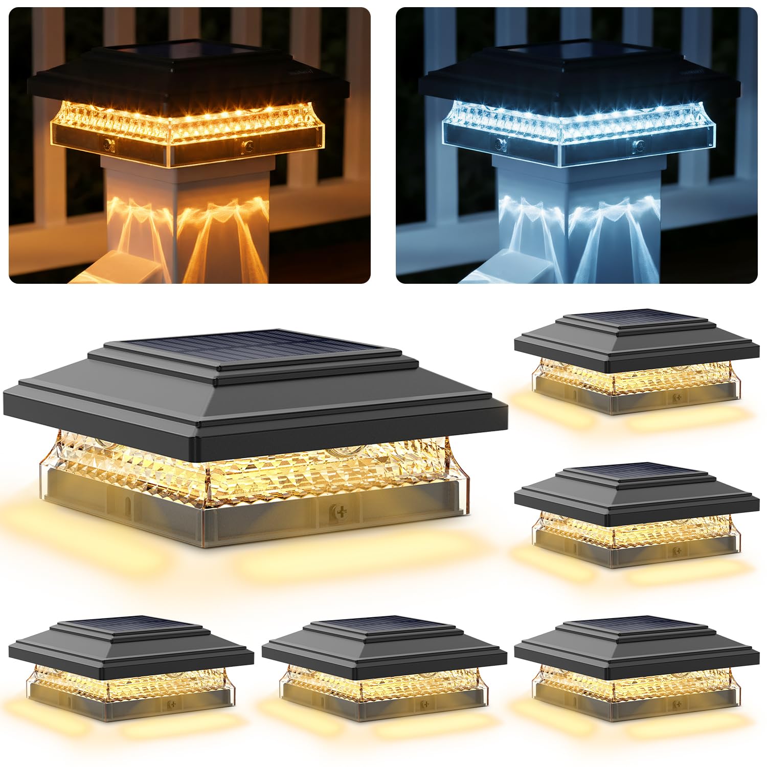 SIEDiNLAR Solar Post Cap Light, black, with solar panel on top and clear diamond-patterned light housing, illuminating a wooden post.