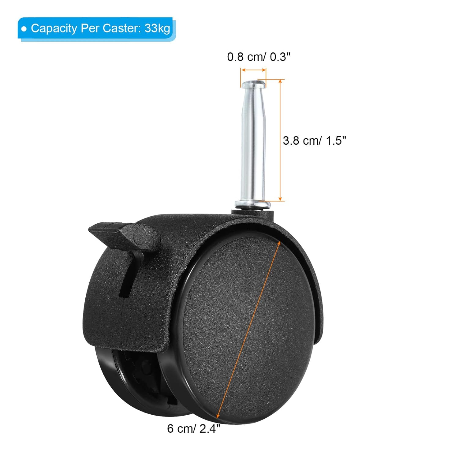 PATIKIL 2.4 Inch Swivel Stem Casters, 6 Pack Nylon 360 Degree Insert Swivel Stem Wheels with Brake for Chair Shelf Furniture Replacement, Black