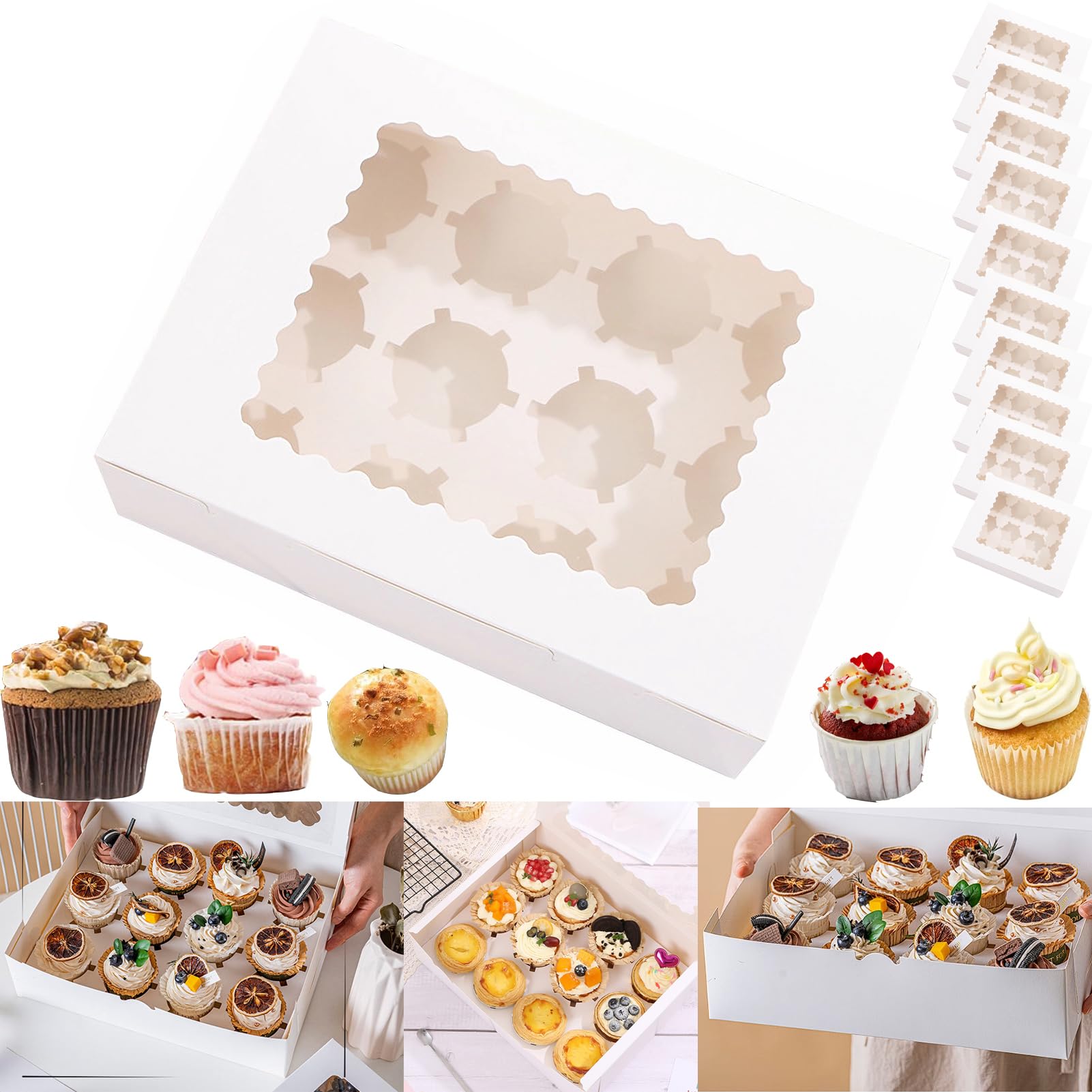 PlushPlumage 10 Pcs Cupcake Boxes 12 Hole,White Cup Cake Boxes with Clear Window - Ideal for Muffins, Cupcakes & Pastries,Baking Boxes for Parties, Weddings & Christmas