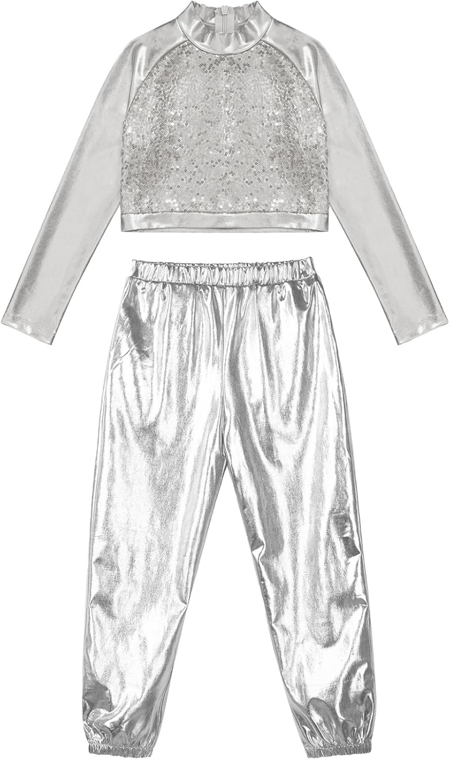 JanJean Kids Girls 2Pcs Dance Tracksuit Shiny Metallic Crop Top with Athletic Sweatpants Jazz Hip Hop Jazz Dance Costume