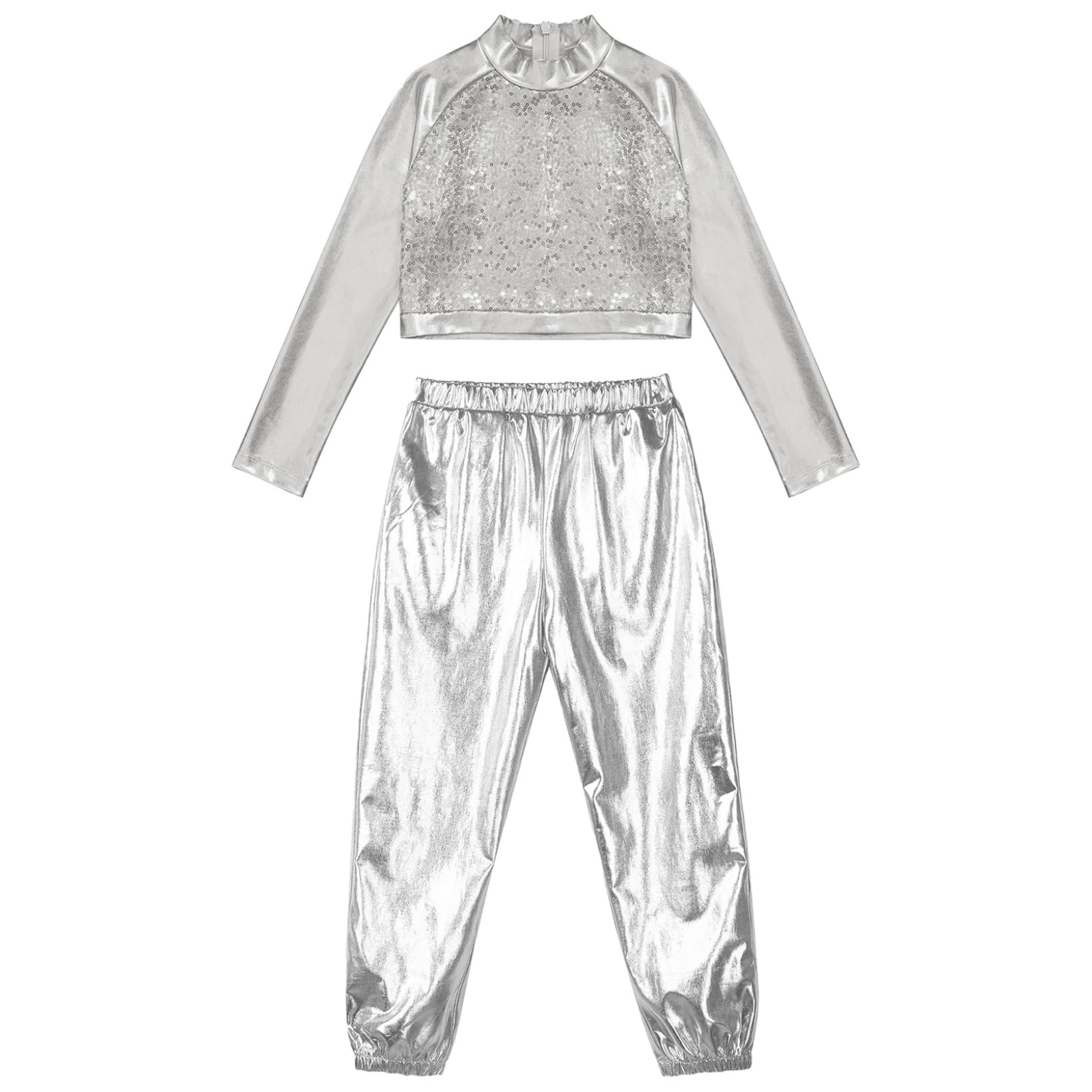 JanJean Kids Girls 2Pcs Dance Tracksuit Shiny Metallic Crop Top with Athletic Sweatpants Jazz Hip Hop Jazz Dance Costume Silver 6 Years