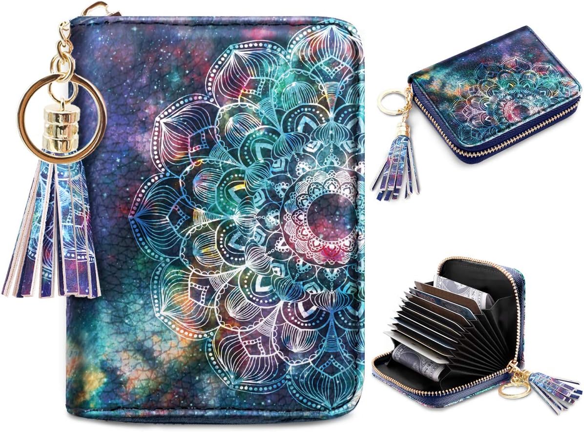 Women's Small Credit Card Wallet RFID Cute Mandala Card Holder for Women with Keychain, Lace Nebula