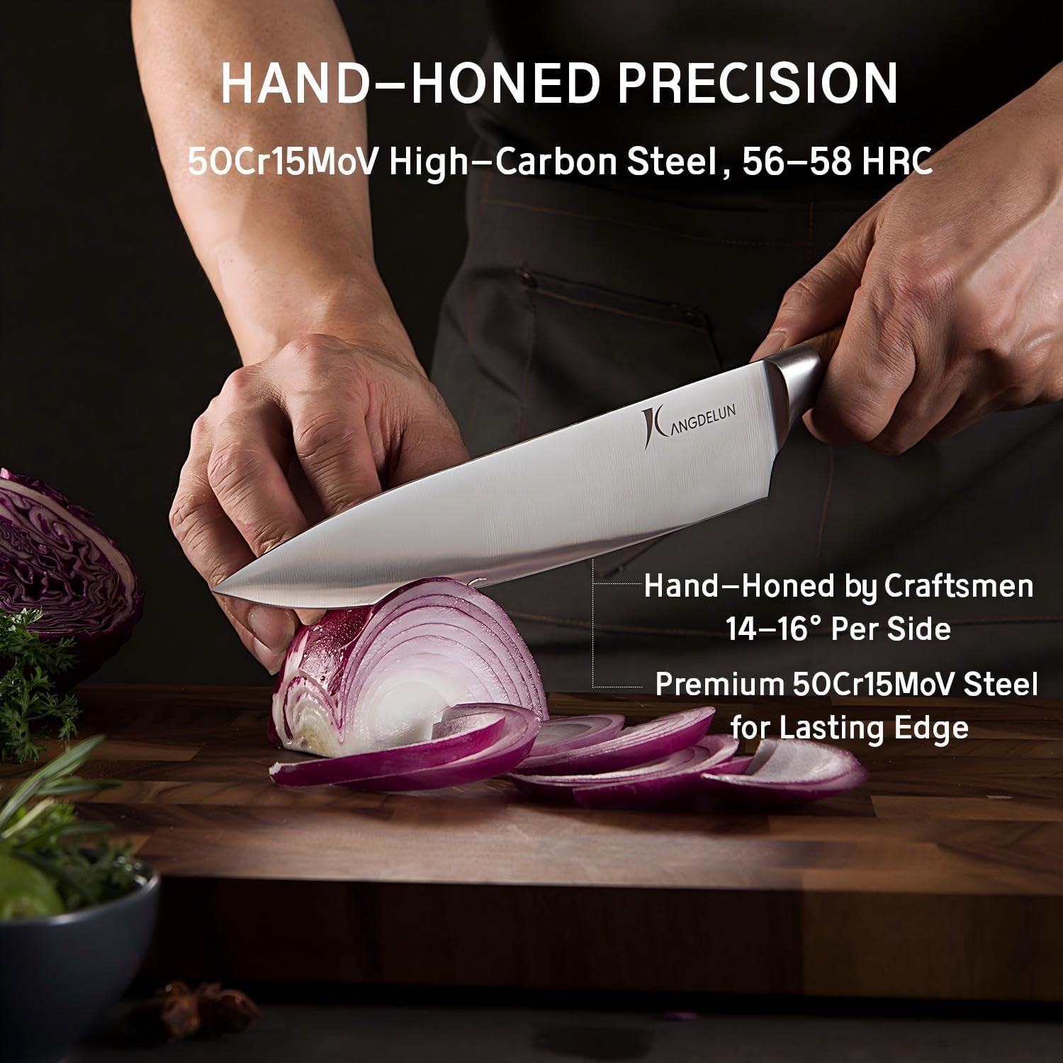 Ultra Sharp 15-Piece Kitchen Knife Set, High Carbon Stainless Steel Blades, Torrefied Natural Wood Handles, Ergonomic Design, Space-Saving White-Finished Wood Block, Easy Hand Wash, Gift Box - Image 3