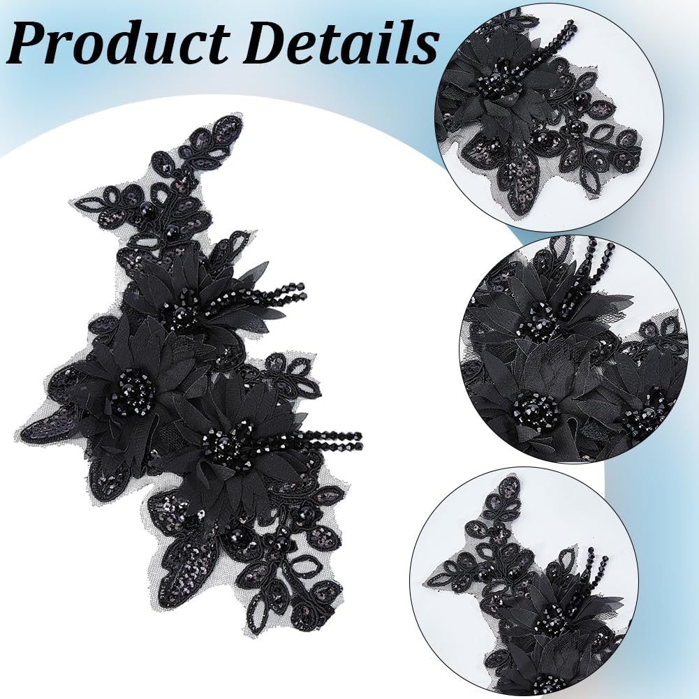 2Pcs 3D Floral Lace Applique Black Sequin Pearl Beaded Embroidered Appliques Flower Embroidery Sew on Tulle Repair Patches for Sewing Making Clothes Dresses Gowns Wedding Costumes Diy Crafts