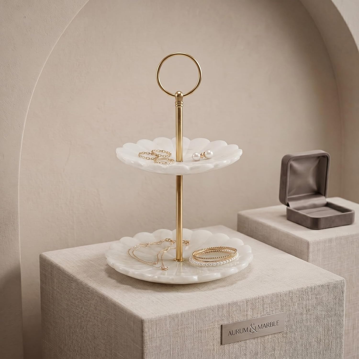 LemonRoad 1 Pcs 2 Tiered Marble Jewelry Stand Scalloped Jewelry Tray for Women, Earring, Bracelet, Ring Display and Storage, Decorative Dresser Vanity Tabletop Organizer, White, 9" H x 5.5" L x 5" W