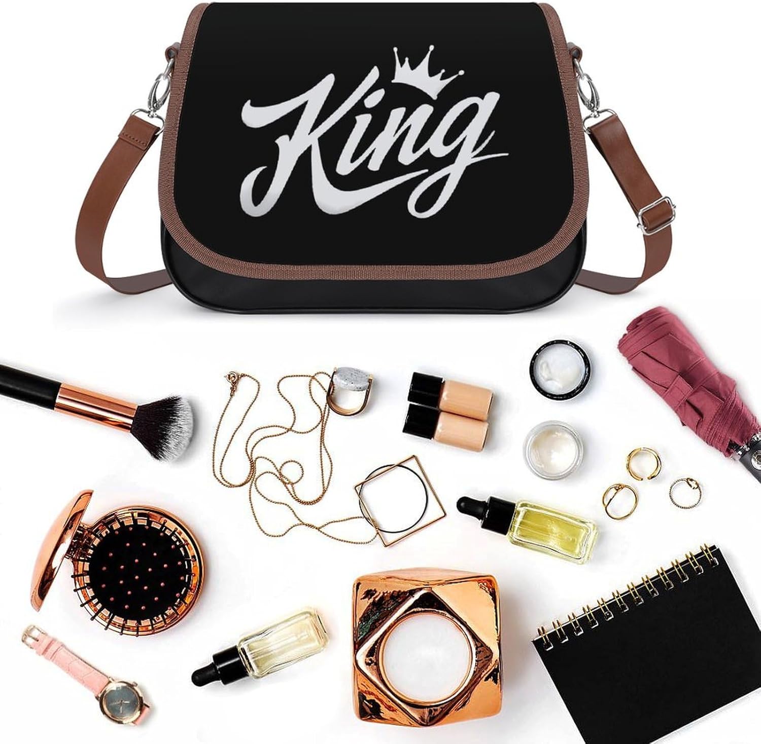 King Logo Women Crossbody Purse Leather Messenger Bag Handbags Shoulder Strap Bags