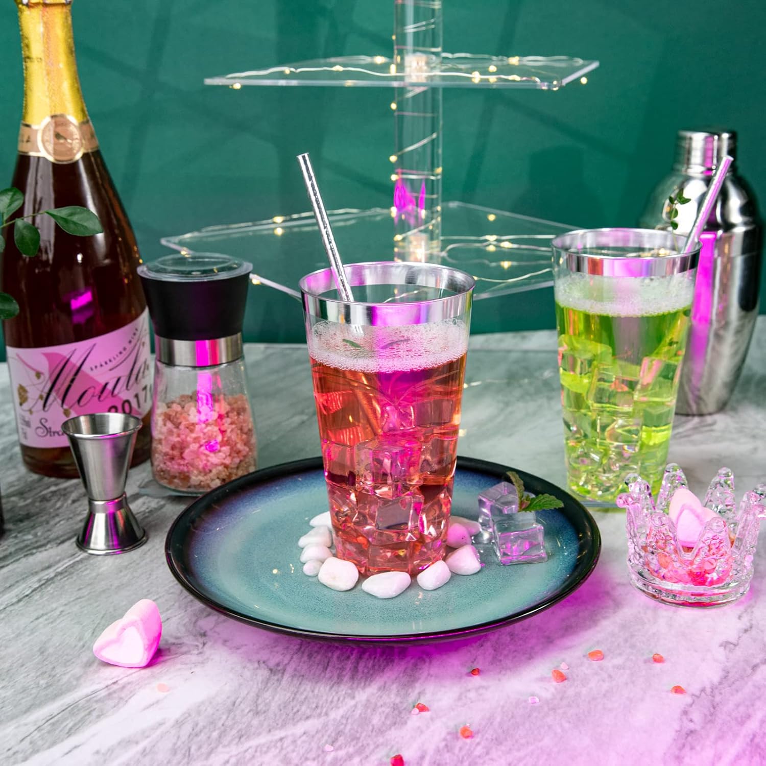 LIYH 100 Pcs 16 oz Silver Plastic Cups - Clear Plastic Tumblers with Silver Rim Big Size Fancy Disposable Clear Cups for Party & Wedding - Image 5