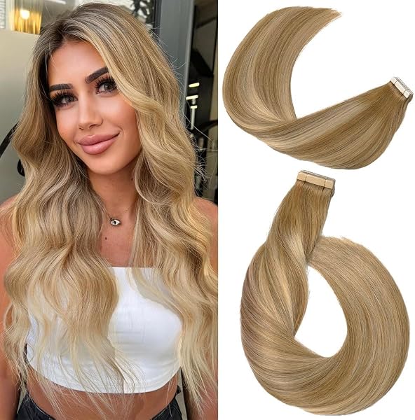 YDDM Extensiones de pelo humano con cinta adhesiva, 20 unidades, 60 cm, 50 g, color marrón claro con rubio dorado - 1