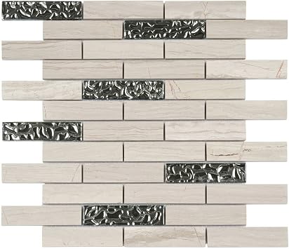 Modket Herringbone White Oak Marble Stone with Silver Glass Insert Mosaic Tile Mesh Mounted Backsplash TDH169MO 5 Sheets