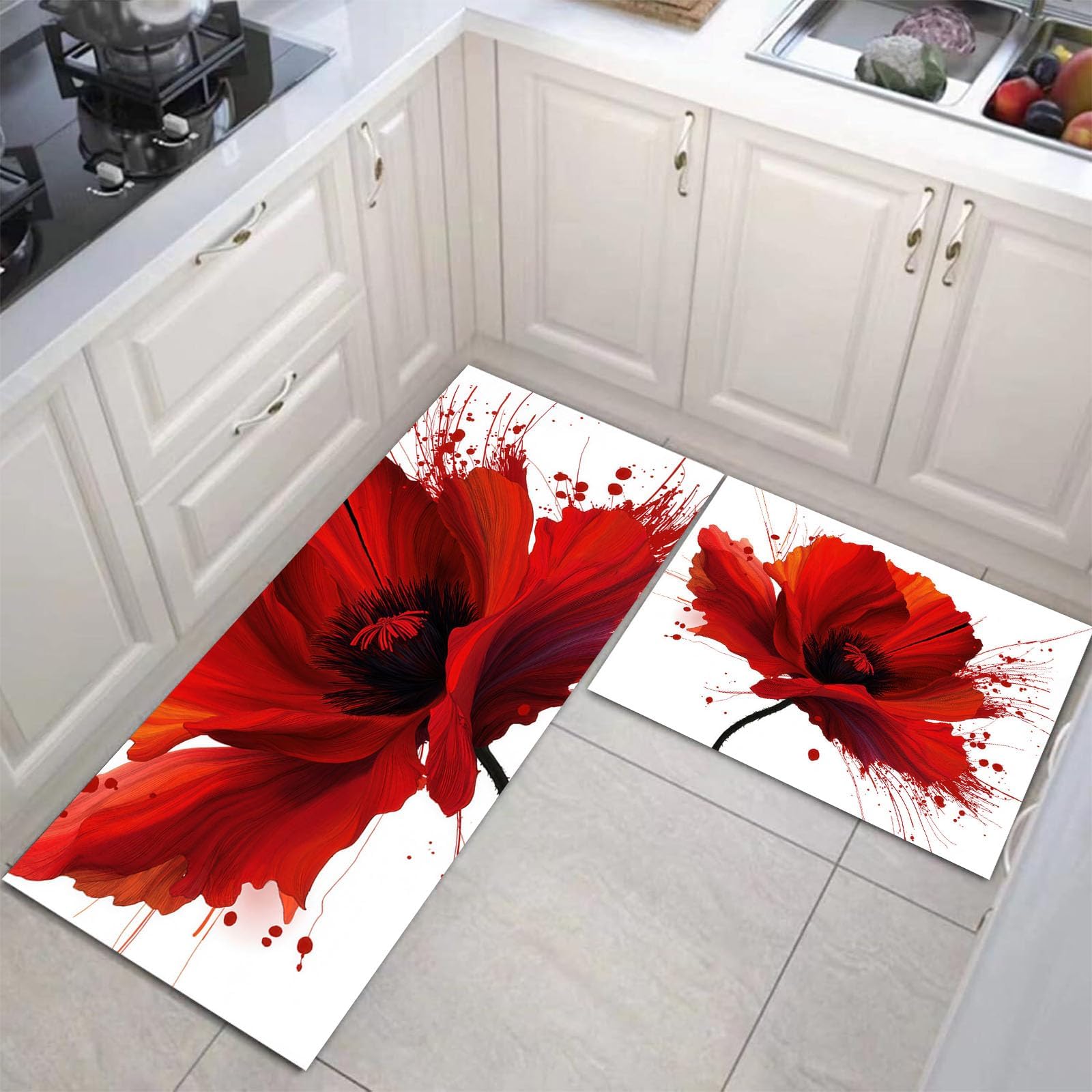 2 Pcs Ink-splashed poppy Kitchen Rugs and Mats, Anti Fatigue Abstract Art Kitchen Rug Sets,Comfort Floor Mats Washable Non Slip Kitchens Rug Runner for Office Sink Laundry (red, 45x75+45x150cm)