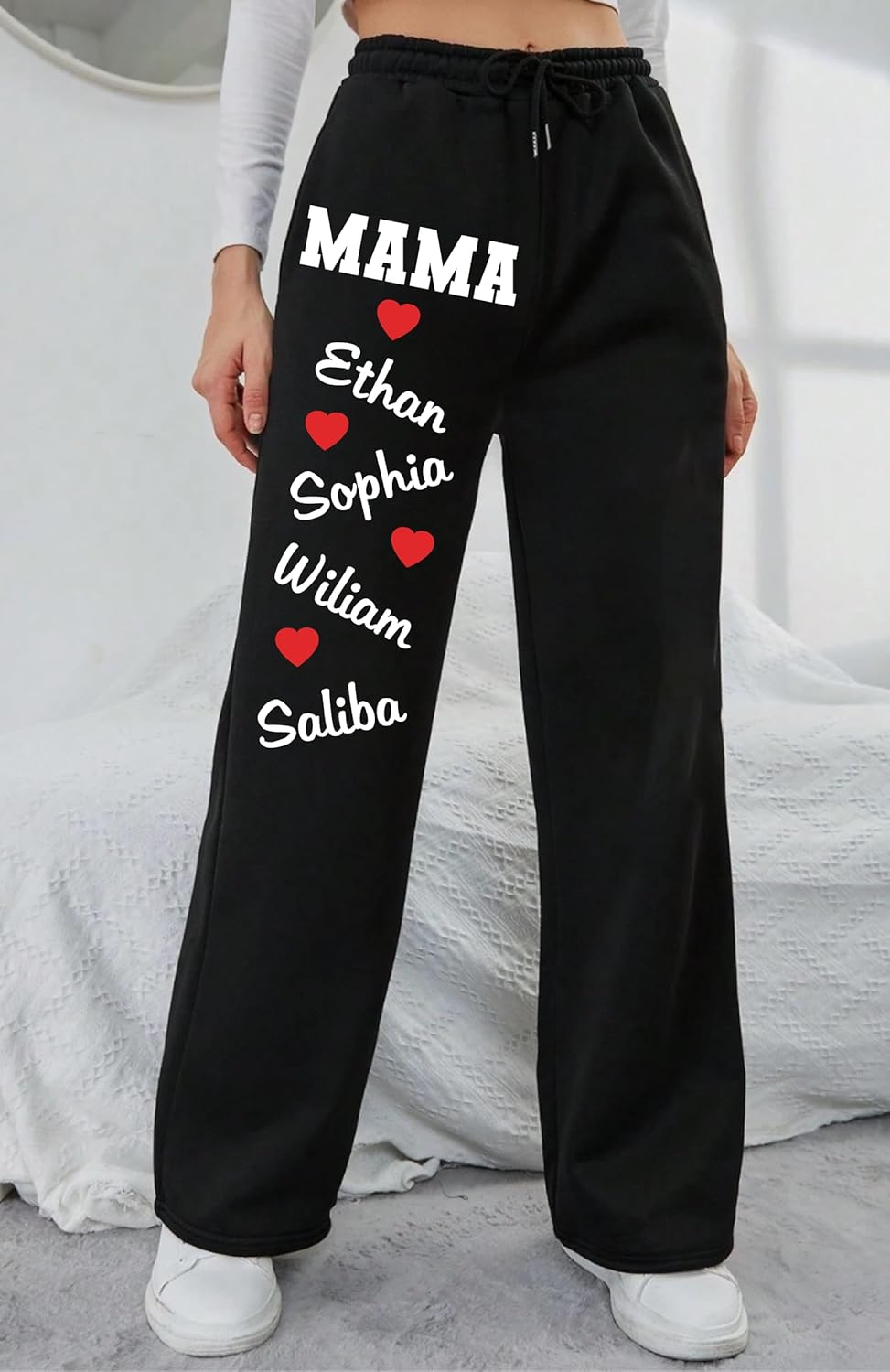 Personalized Mama Sweatpants with Kids’ Names, Custom Heart Print Joggers for Moms, Cozy Wide-Leg Pants Gift - Image 5