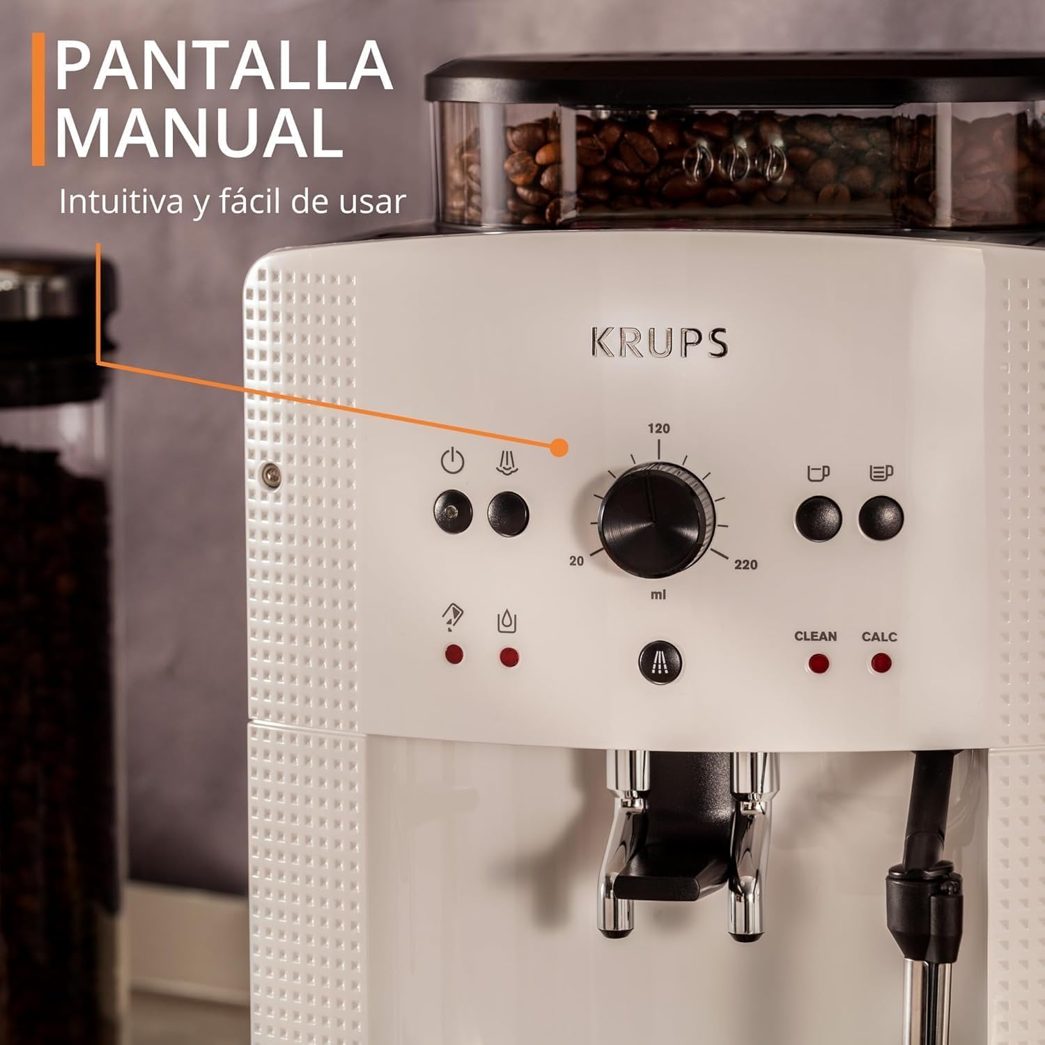 Krups Roma, Cafetera superautomática, Depósito de agua 1,6 L, 3 niveles de temperatura, 3 niveles de intensidad, 15 bares, Molinillo cónico de metal, Panel de control fácil, Blanca, EA8105