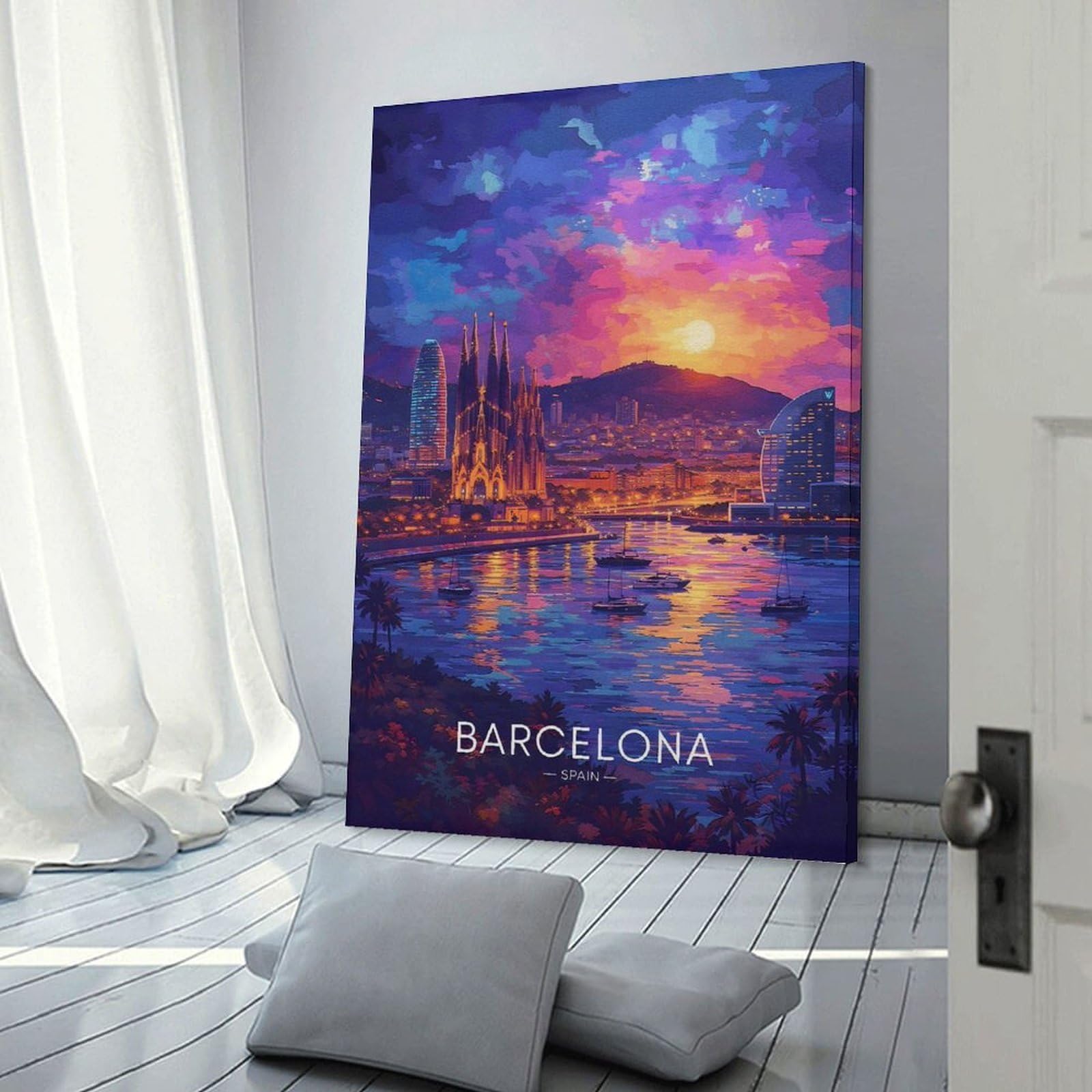 Junmoney Frame-Style-17-1 Barcelona Cityscape At Sunset Hanging Wall Art, 24X36inch(60X90cm), For Bedroom Decor, Cosy Corners Or Studios, An Easy Wall Refresh For Bedrooms