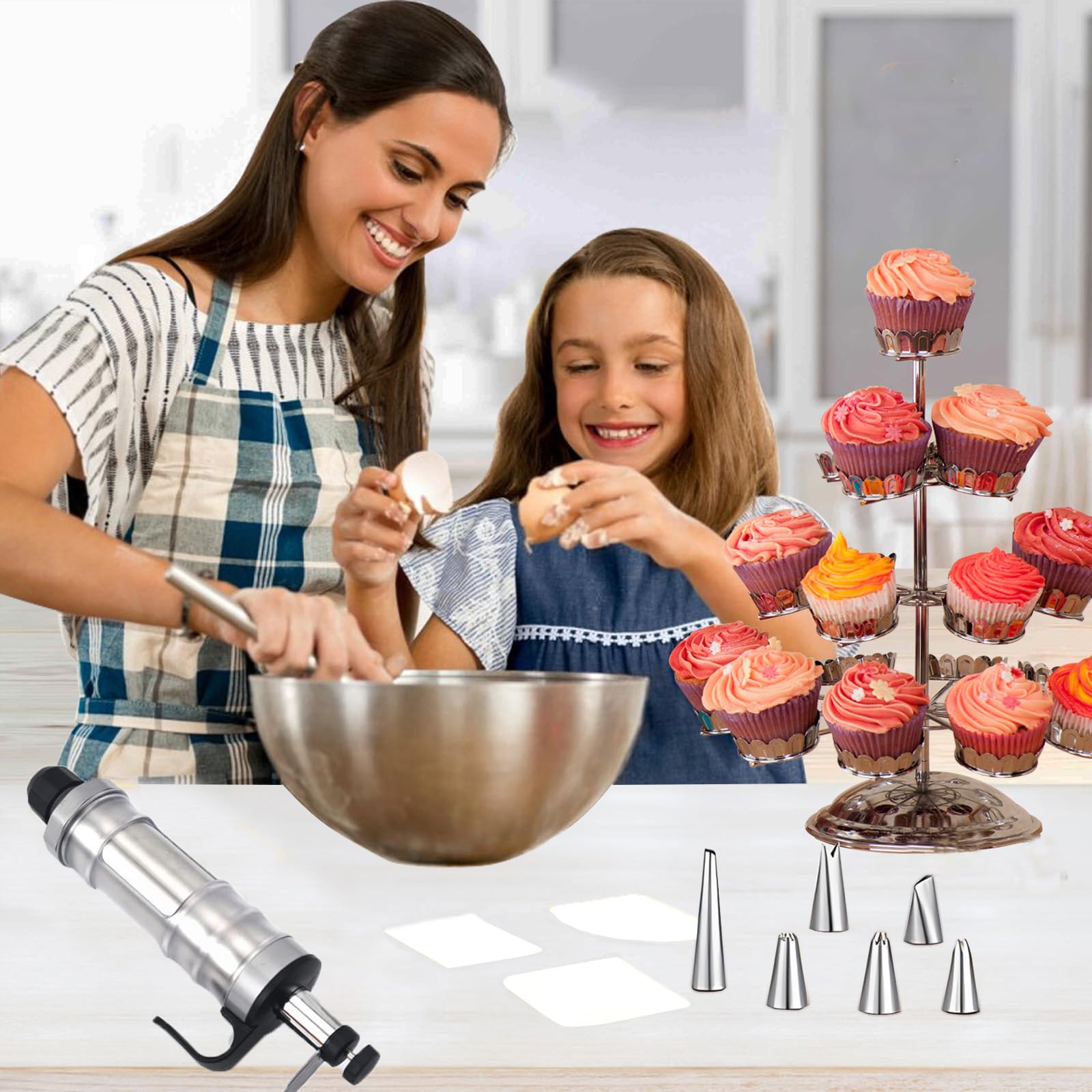 Spritztüllen-Set aus Edelstahl, Spritztüllen und Tüllen-Set für Cupcakes, Kekse, Kuchen, Dekoration, Spritztülle, Zuckerguss-Spritze, wiederverwendbar, DIY-Backwerkzeuge mit Sahneschaber und 6