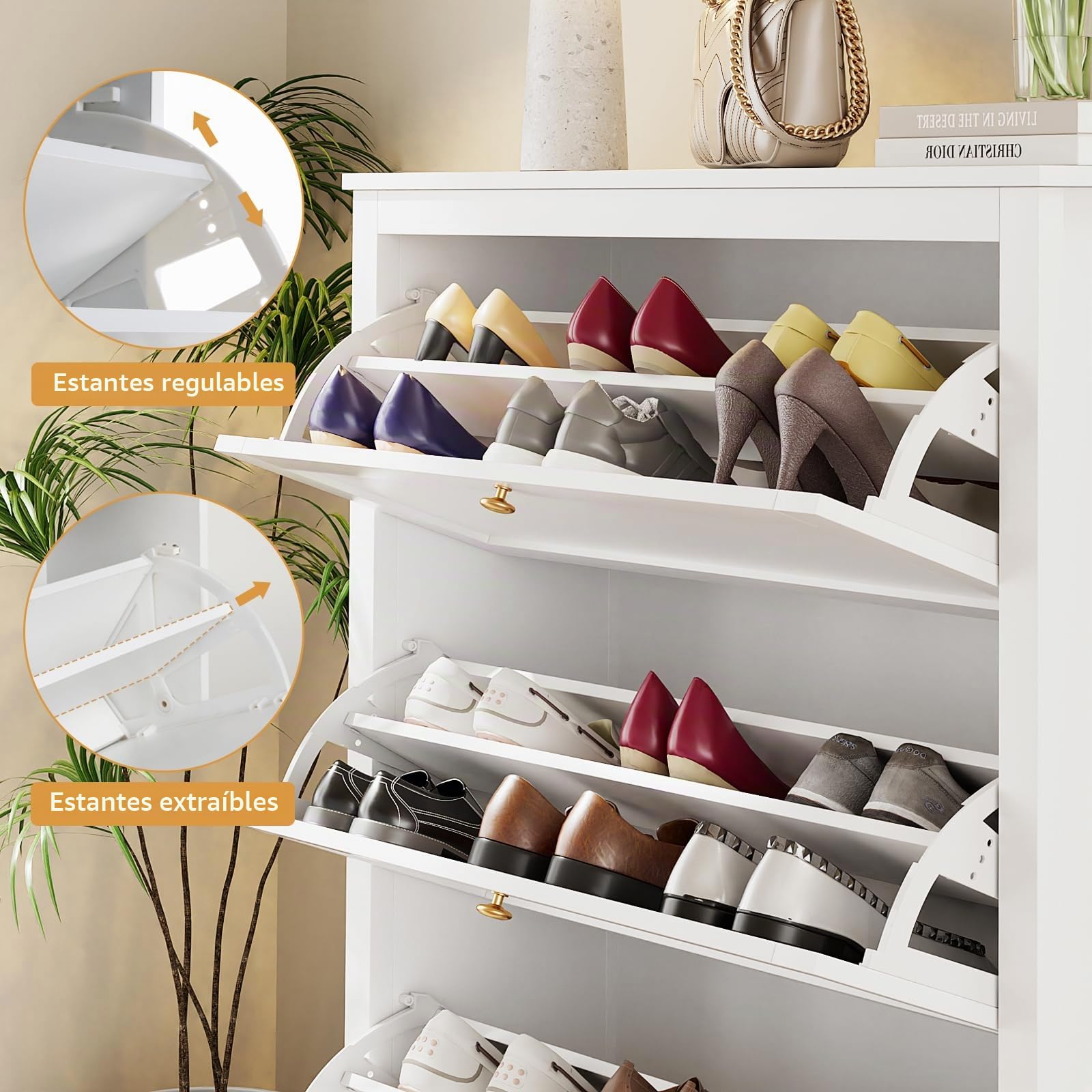 VOWNER 90cm Largo Zapatero 3 Puertas, Mueble Zapatero Estrecho Blanco, Zapatero Estrecho Entrada Recibidor, Blanco, Madera, para Entrada Estrecha, Pasillo, 90 x 30 x 110 cm,