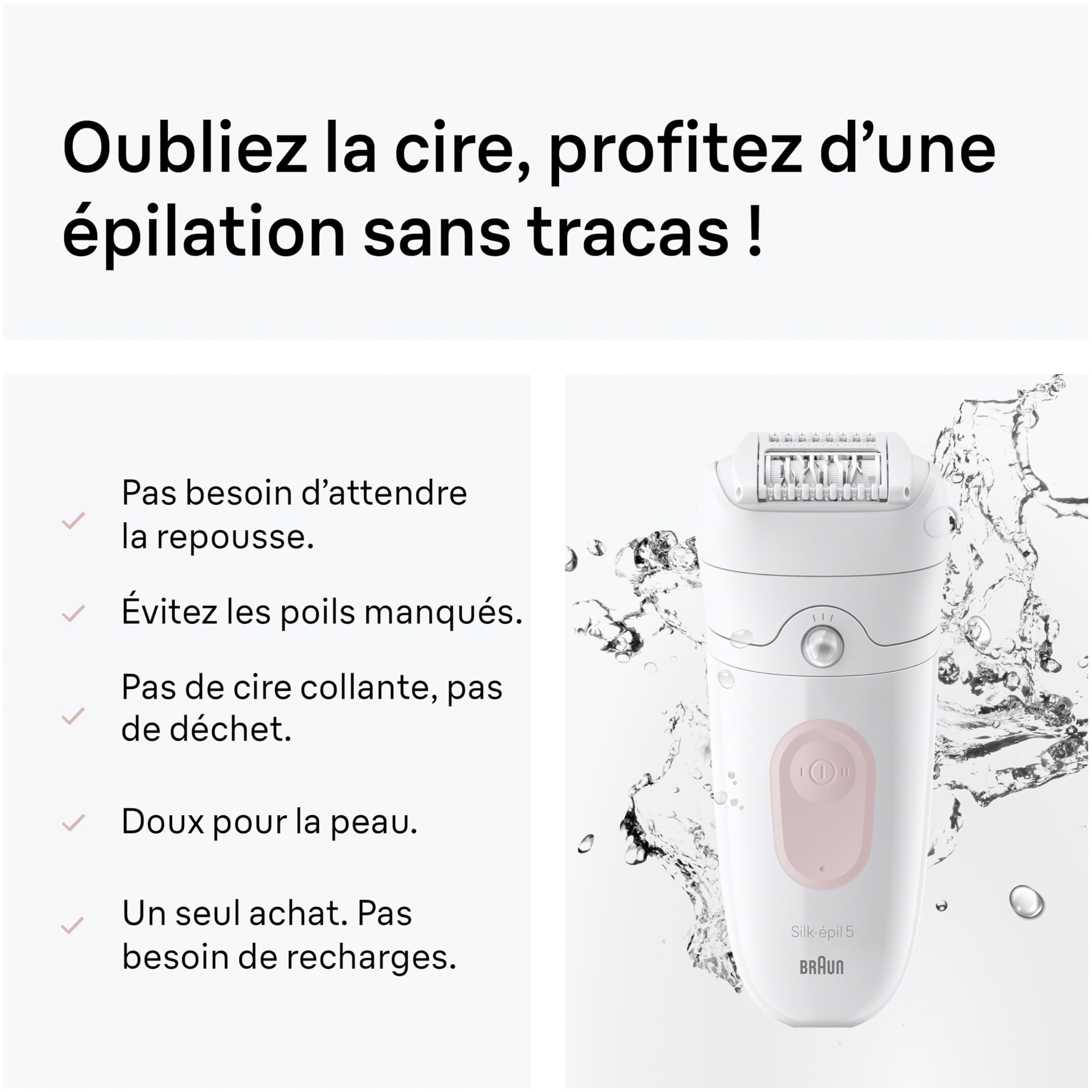 Braun Epilateur Electrique Femme Silk Epil 5, 5-030, Blanc et Rose Flamant – Etanche, sans Fil, Embout Rouleau de Massage, Coffret Epilation avec Tête de Rasage, Sabot Tondeuse