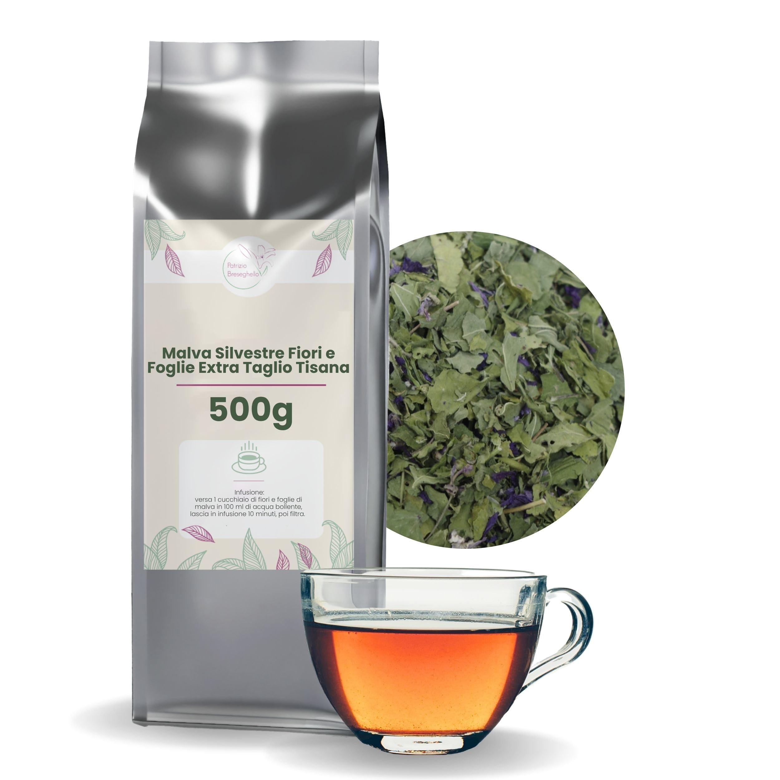 PATRIZIO BRESEGHELLO - Malva Silvestre Fiori e Foglie Extra Taglio per Infuso e Tisana - Malva Fiori e Foglie Naturali 500 g - Effetto Emolliente, Depurativo, Calmante e Diuretico