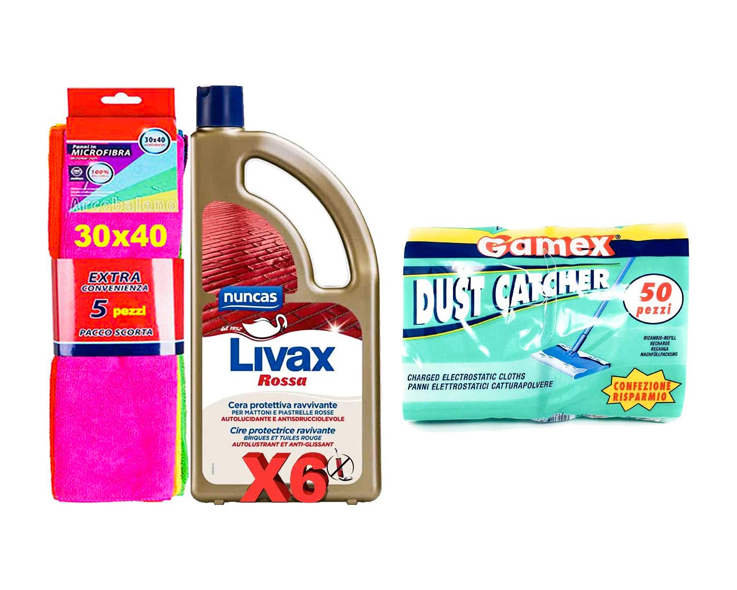NUNCAS SET 6 PEZZI LIVAX ROSSA 1LT + GAMEX 50 panni elettrostatici cattura polvere max formato 22x29cm+ pacco scorta 5 pezzi panni microfibra 30x40cm
