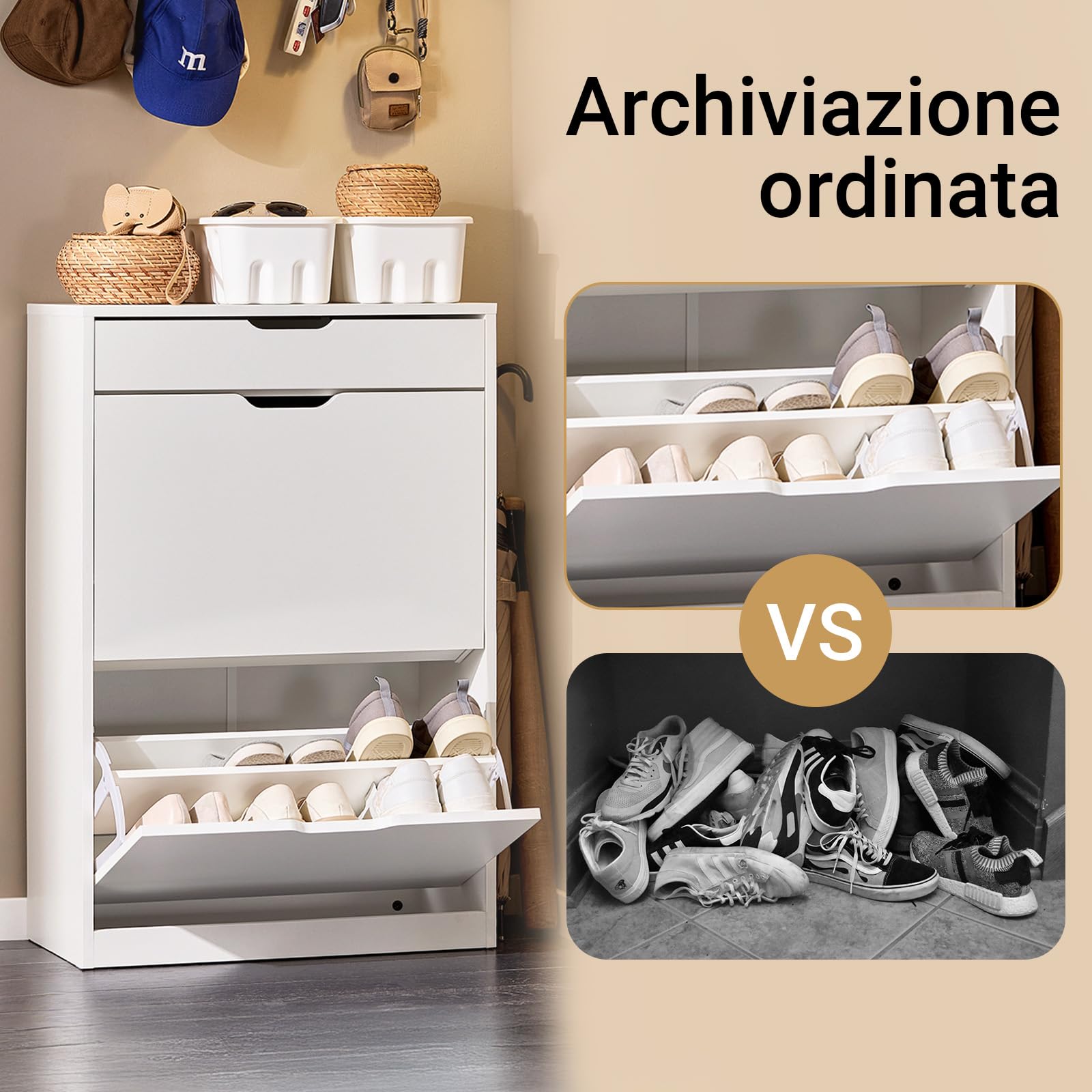 SoBuy Scarpiera Salvaspazio Slim con Cassetto, Scarpiera Bianca, Moderna e Pratica, Facile da Montare, Ideale per Spazi Ridotti - Bianco, 60x30x90 cm - Modello FSR180-W