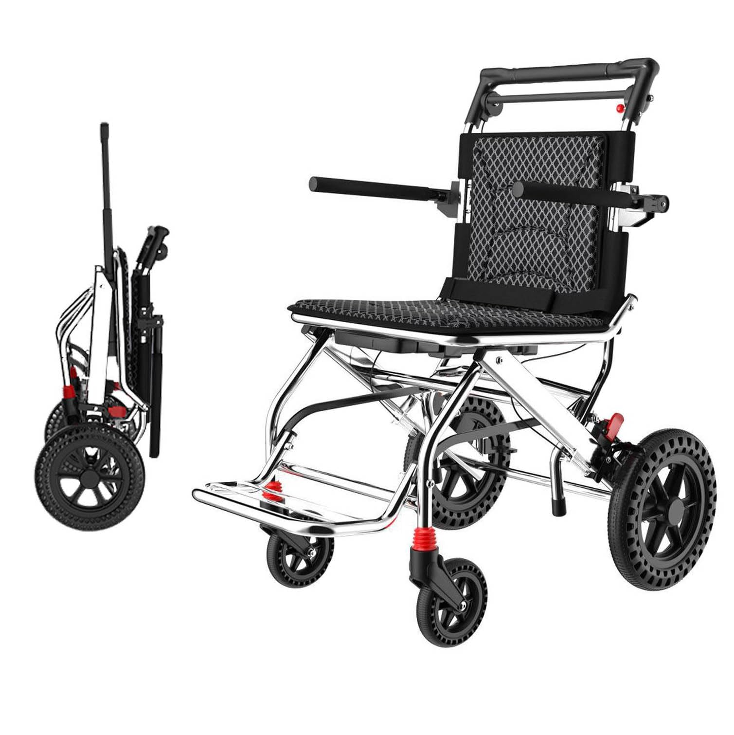 Silla de ruedas de cuidado ligero plegable, silla de ruedas portátil para adultos y ancianos, silla de ruedas de doble freno de aleación de aluminio, asiento de 45 cm, carga de 100 kg,Black