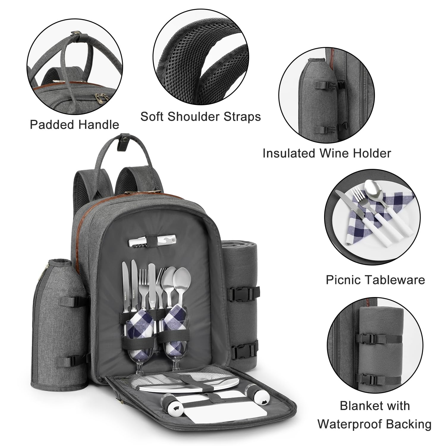 Apollo Walker Zaino da picnic per 2 persone, set e coperta, borsa termica, grigio chiaro