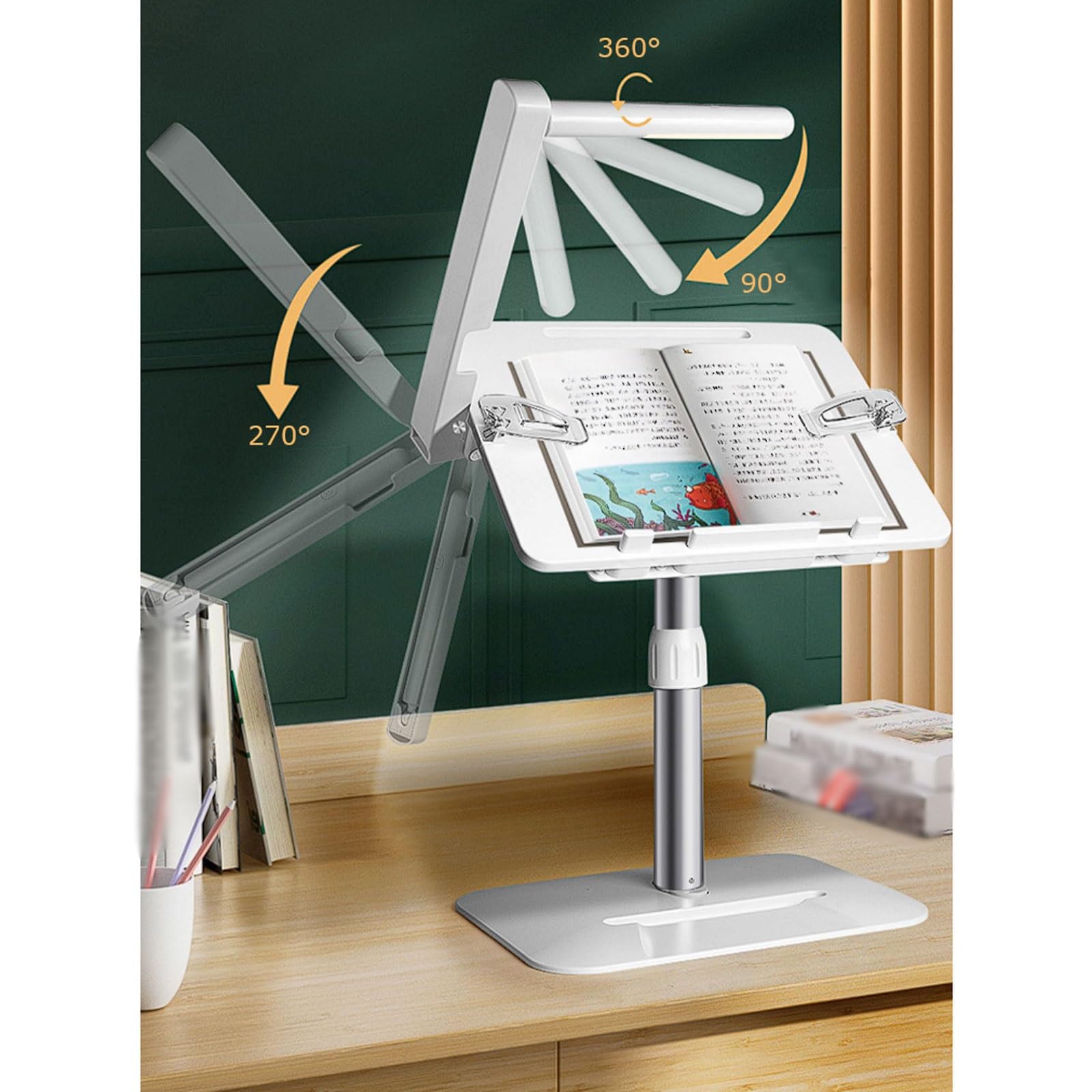 Pupitre de lecture réglable en hauteur avec éclairage à 3 niveaux luminosité, support livre alliage d'aluminium for position assise/debout