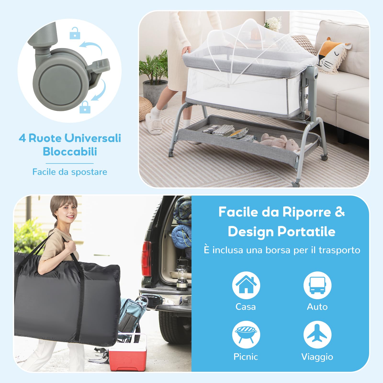 Culla Fianco Letto 3 In 1 Per Neonati - Regolabile In Altezza, Con Materasso, Borsa Trasporto, 0-6 Mesi