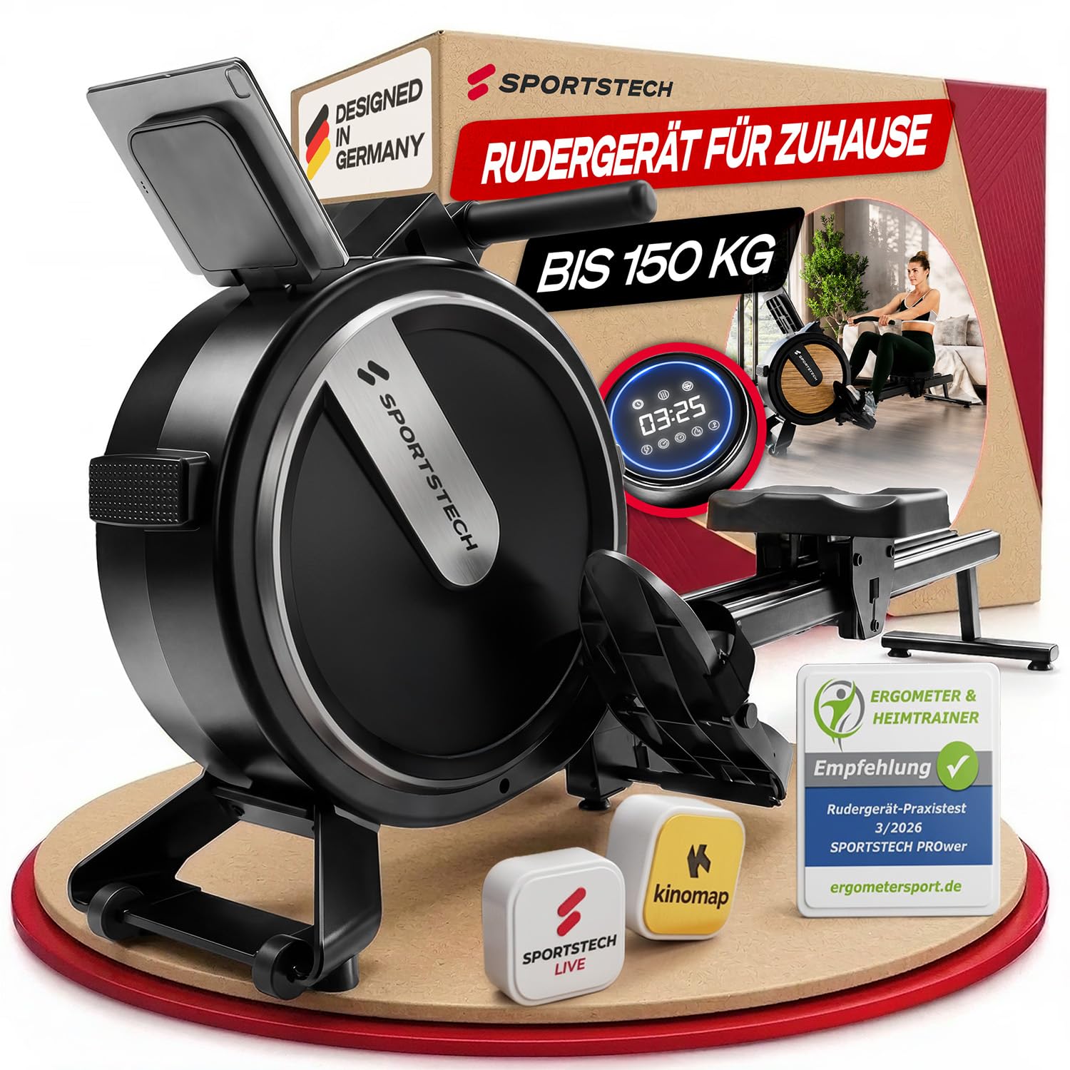 Sportstech Rudergerät für Zuhause + 32 Stufen Magnetwiderstand PROwer | Dual Slide Rail, LED Knob Display, bis 150 kg, Bluetooth App, leise, vertikal verstaubar