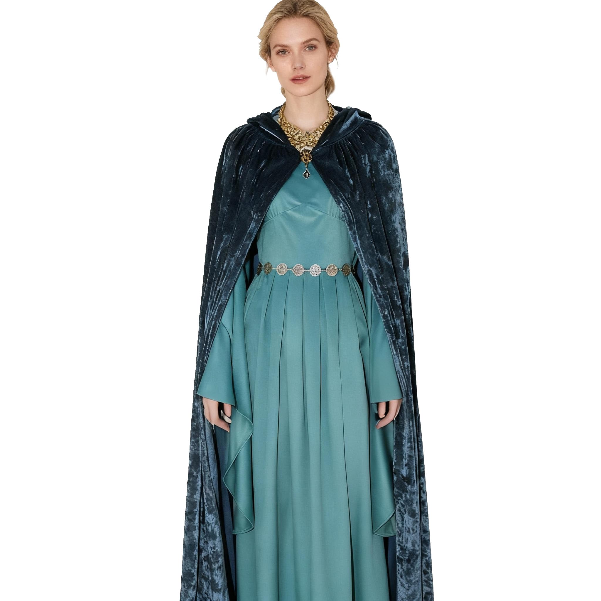 Jaugola Womens Queen Susan Costume Pevensie Retro Velvet Gown Cloak Robe Necklace Halloween Renaissance Dress Up Outfit