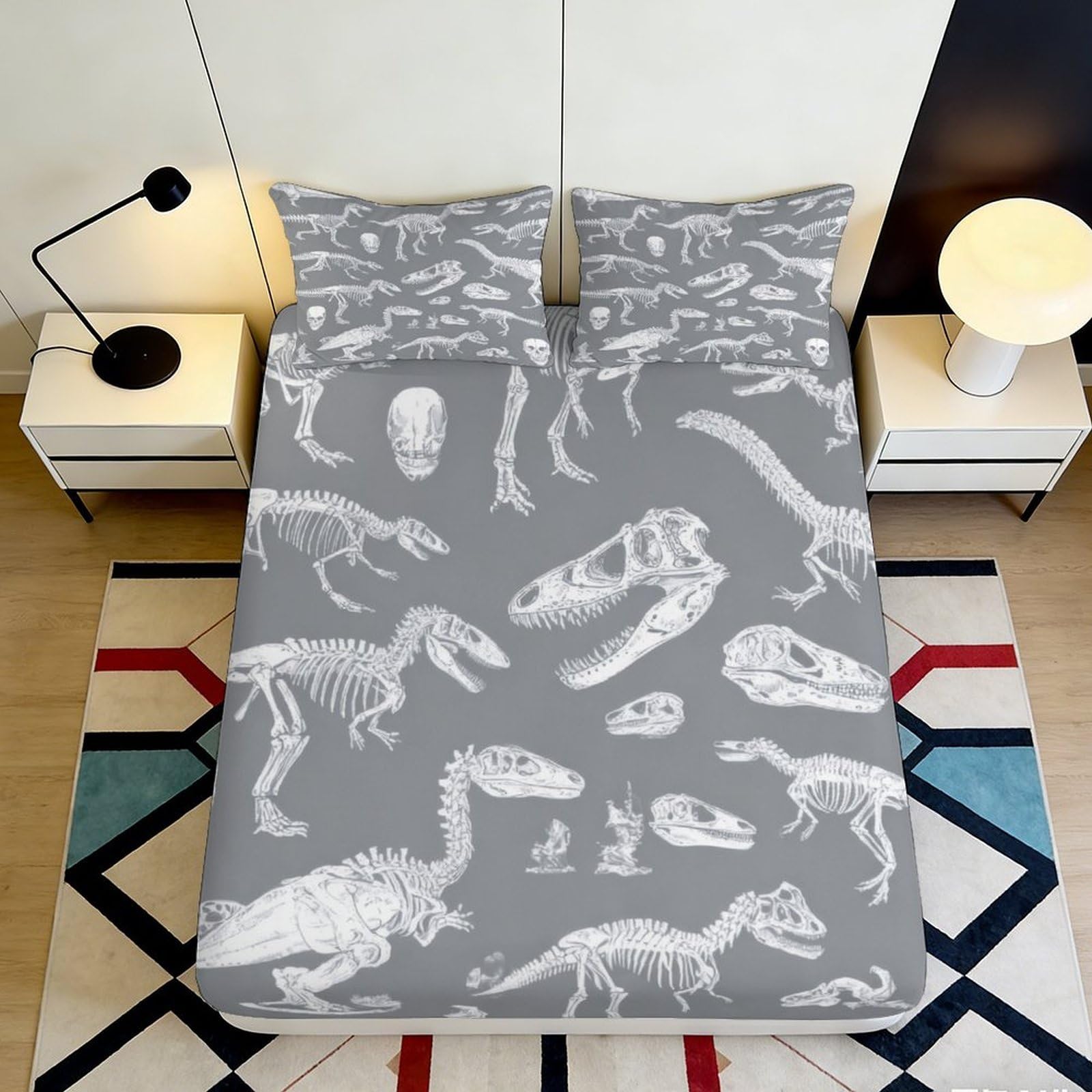 3D Printed Dinosaur Skeleton Fitted Sheet Microfiber Soft Durable Grey Bed Cover with Skulls Mattress Cover for Bedroom Dormitory Guest Room Protection Decor 120x200x25cm