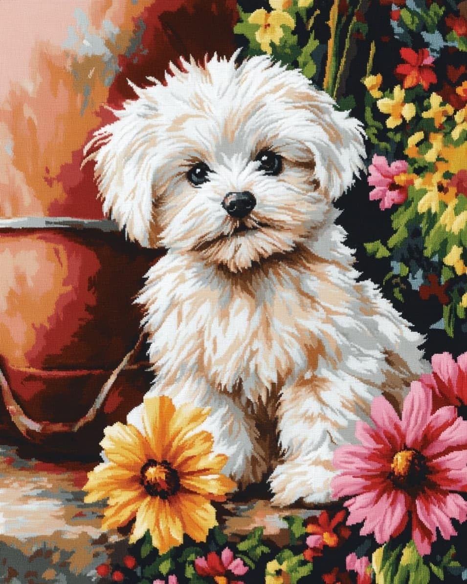 WallustrioaW Cross Stitch Embroidery Kits for Adults,Flower and Bichon Frise,Embroidery Starter Kits 11CT Stamped Cross Stitch DIY Crafts Gift,16x20in