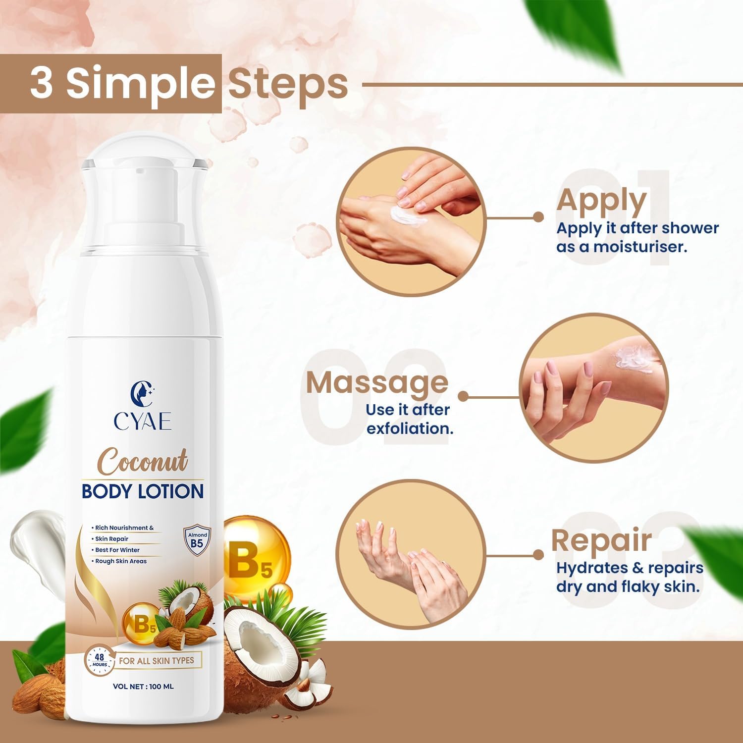 Coconut Body Lotion with Vitamin B5, Rich Nourishment and Skin Repair, 100 ml, Pack of 2