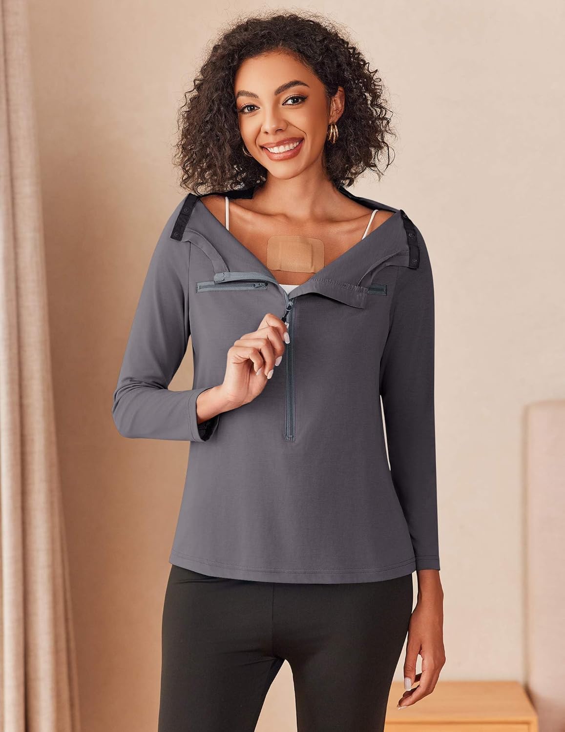 Deyeek Chemo Port Shirts for Women 2 Side Snaps Long Sleeve Shoulder Post Surgery Clothing Dialysis Breast Cancer Shirts - Image 3