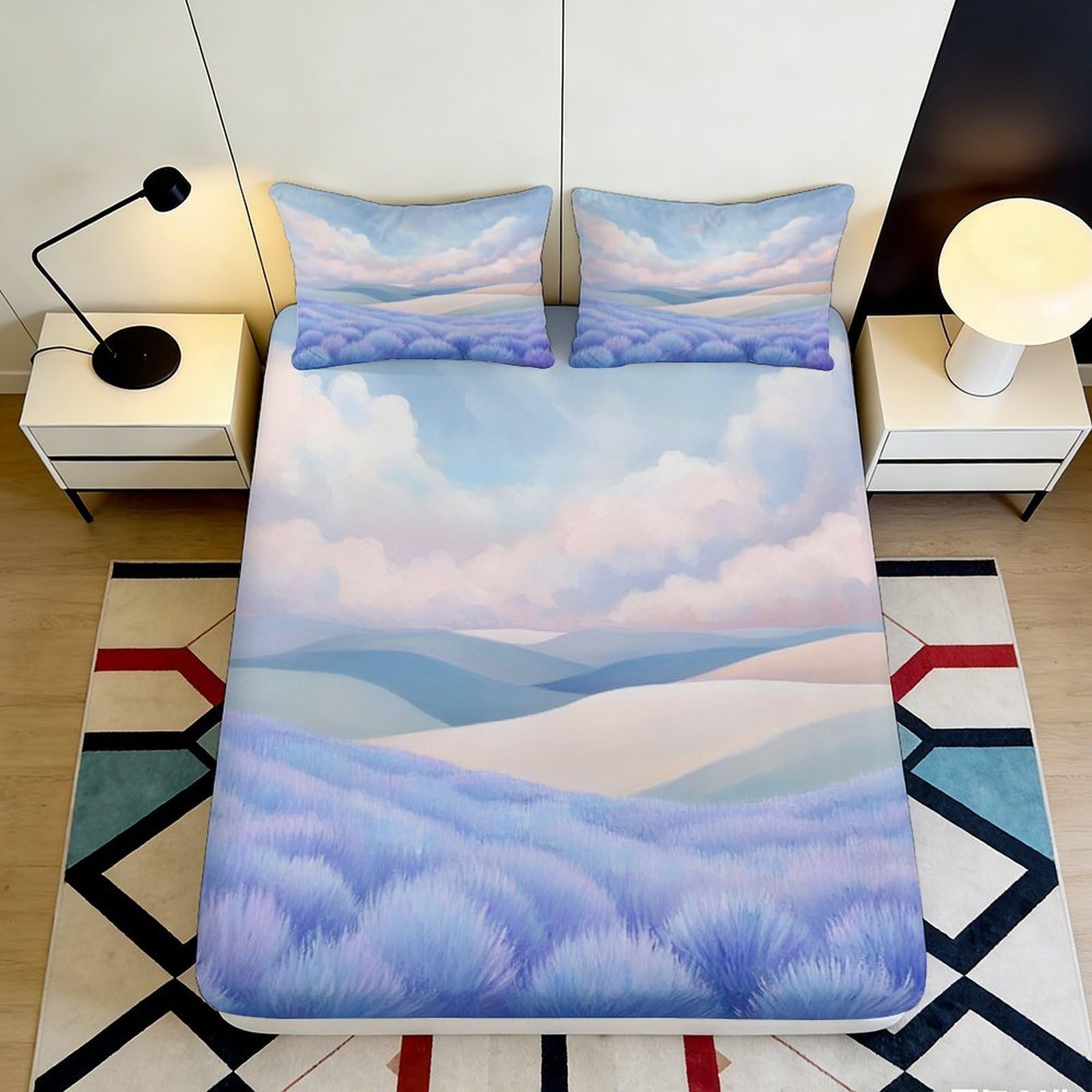 3D Printed Lavender Field Fitted Sheet Microfiber Pastel Cloud Mattress Cover Anti-Slip Bedroom Decor Machine Washable 90x200x25cm