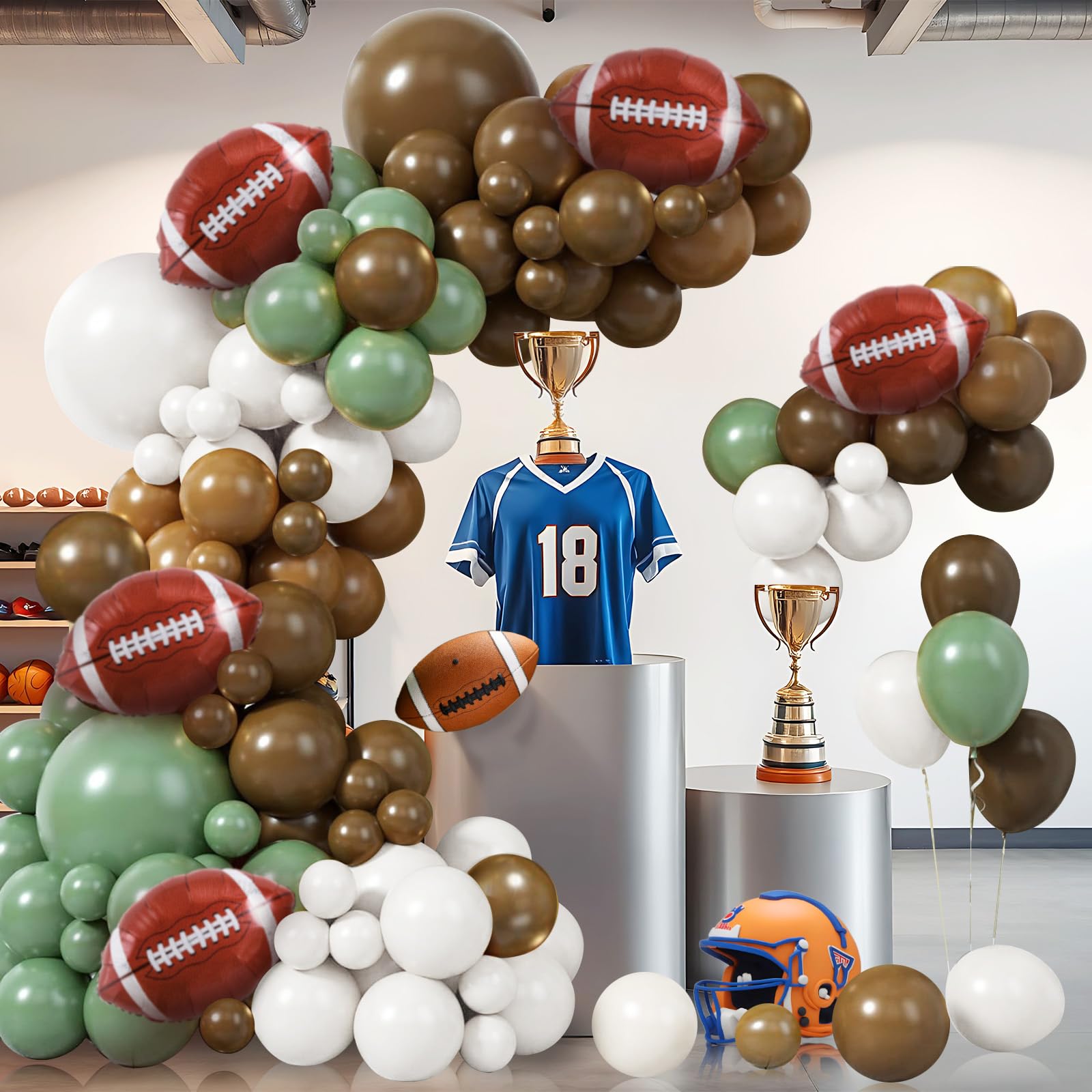 Football Balloons Garland Arch Kit 133pcs Sage Green Coffee Brown and White Latex Balloons with Football Foil Balloons for Touch Down Rugby First Year