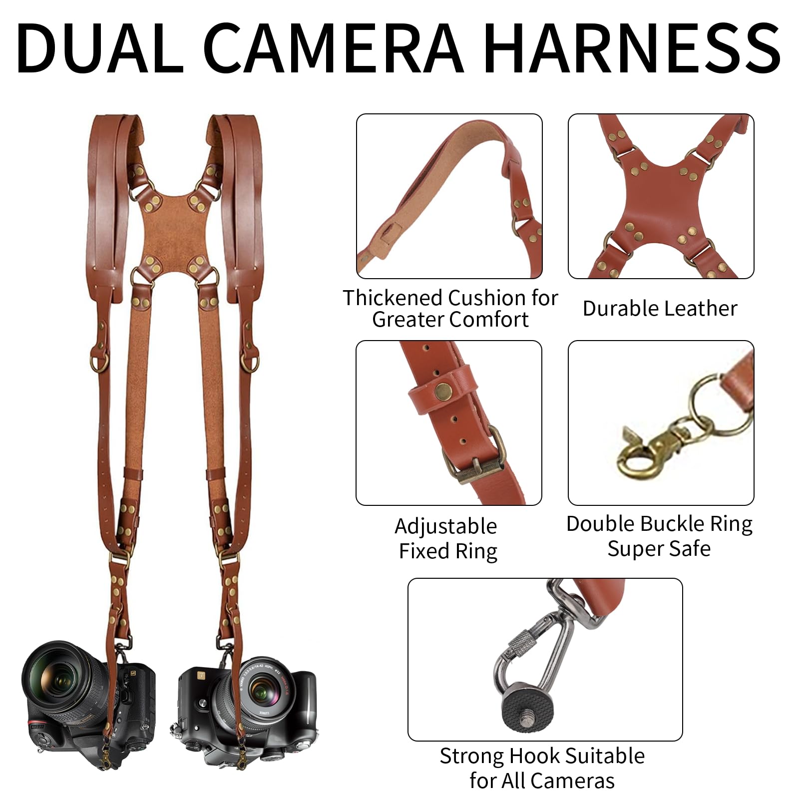 Arnés de cámara, correas de cámara marrón para fotógrafos, correa doble de cuero para dos cámaras DSLR/SLR