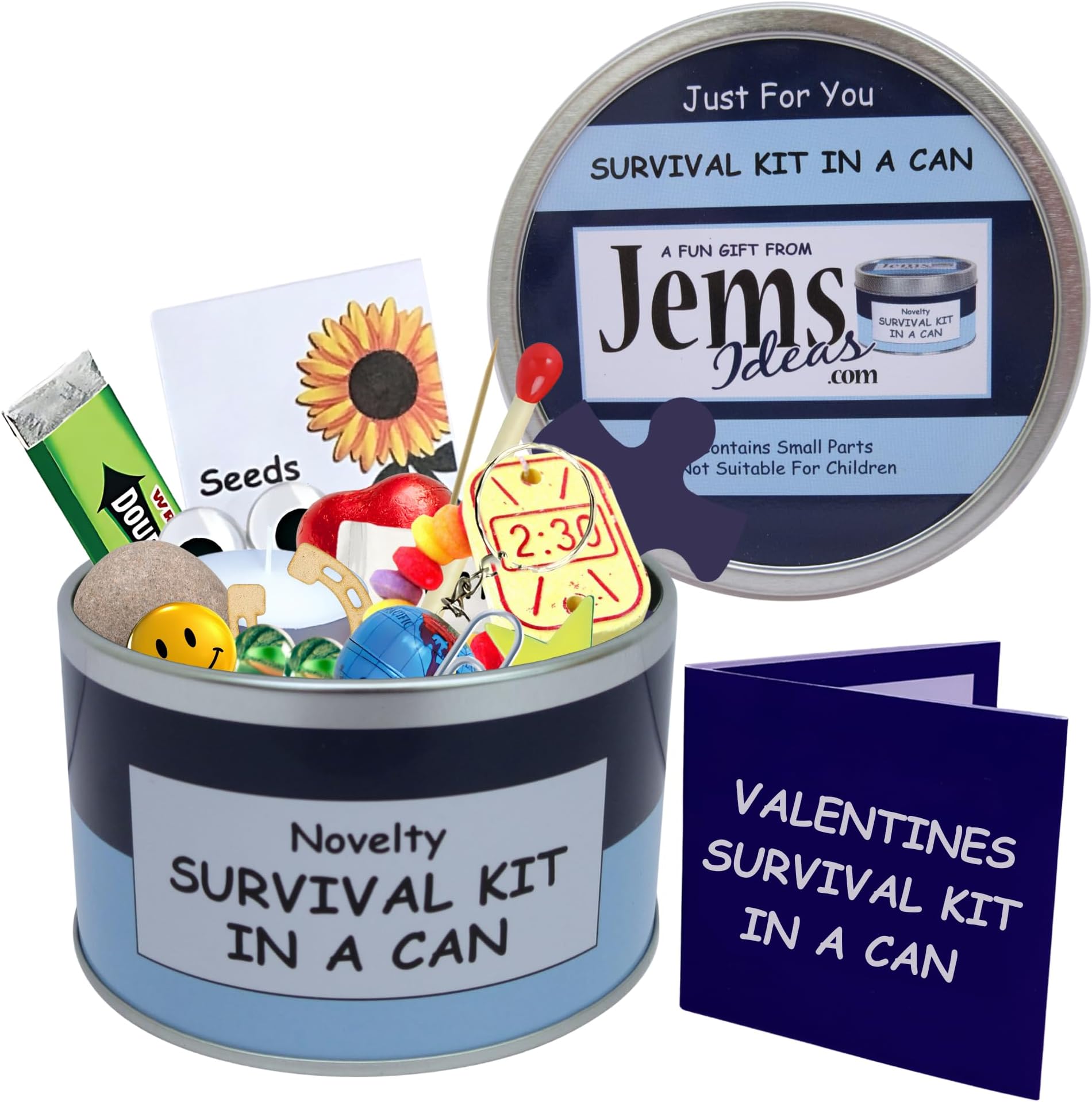 Survival Kit In A Can Valentineโs Day Gifts For Him/Gifts For Men. Boyfriend, Fiance, Friend, Husband, Partner. Valentines Present & Card All In One. Customise Your Can Colour. (Blue/Navy)