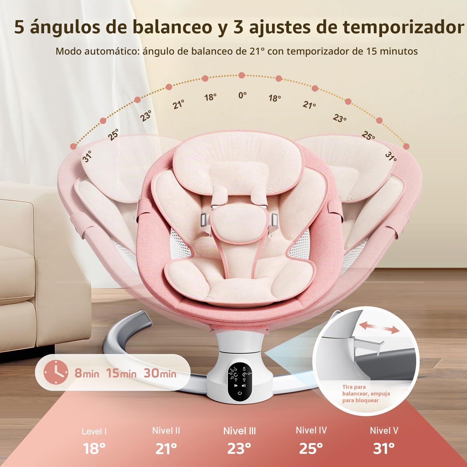 Hamaca bebé eléctrica,Mecedora Bebe electricapara Desde el nacimiento hasta los 9 meses, Bluetooth y distancia Control Silla Mecedora,5 modos de columpio,con arnés seguridad 5 puntos