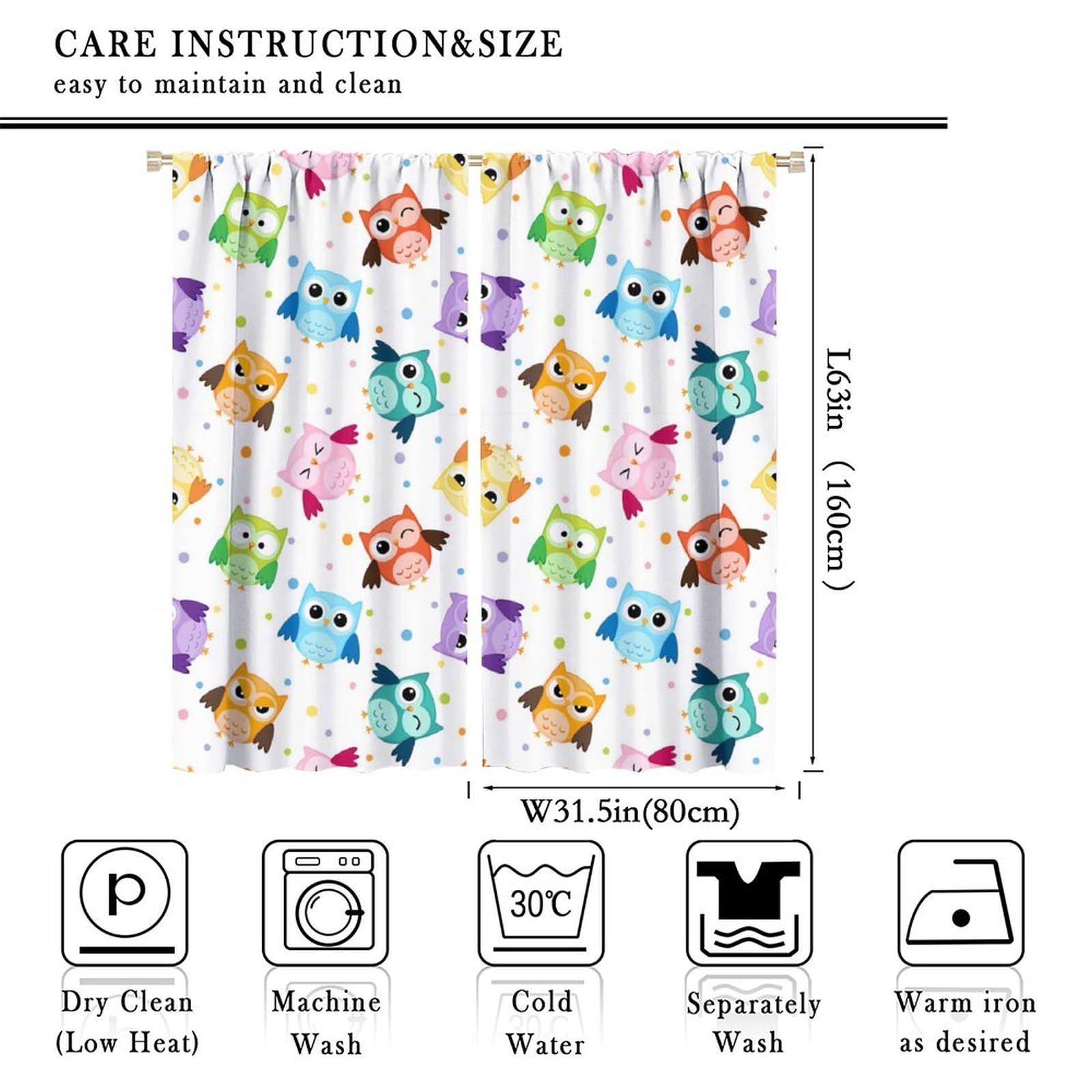 Funny Cartoon Owls Curtains - Rainbow Colorful Forest Woodland Animals Owls Polka Dot Print Window Drapes Room Darkening Blackout Curtains Thermal Insulated Rod Pocket Curtains 2 Panels 63