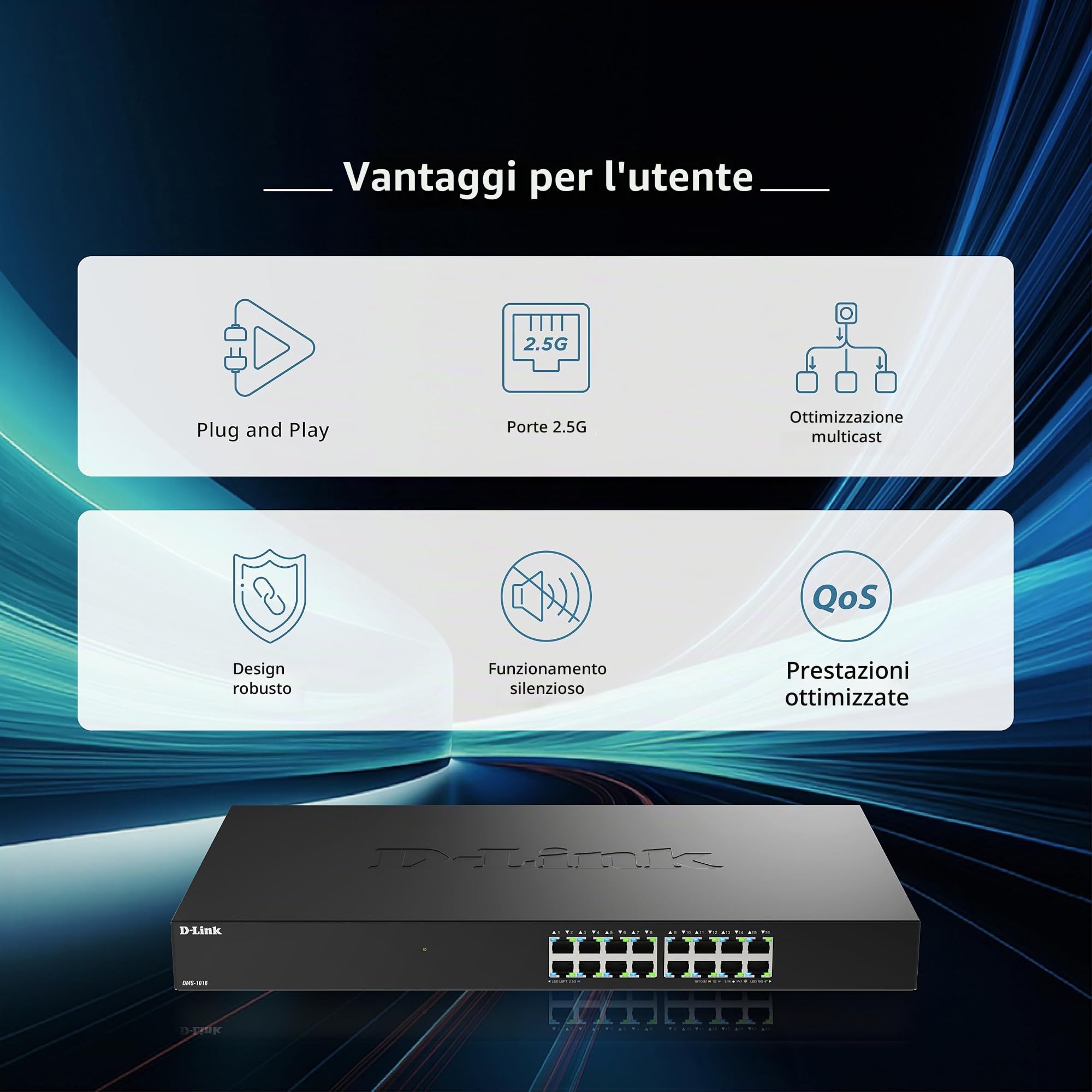 D-Link DMS-1016 Switch Ethernet Non Gestito 16 Porte 2.5G | Fanless, Struttura in Metallo, Plug & Play, Risparmio Energetico | Ideale per SOHO, Wi-Fi 6 / Wi-Fi 7 e IPTV