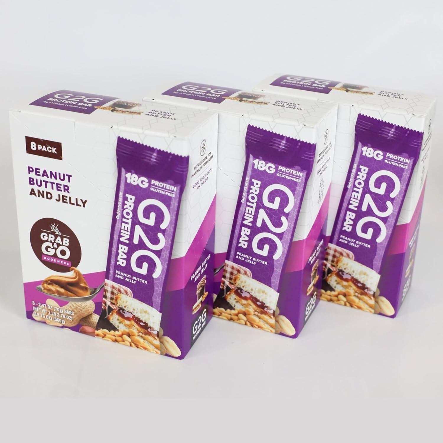 G2G Protein Bar, Peanut Butter & Jelly, Healthy Snack, Delicious Meal Replacement, Gluten-Free, Clean Ingredients, Refrigerated for Freshness, 32 Count (4 Packs of 8)