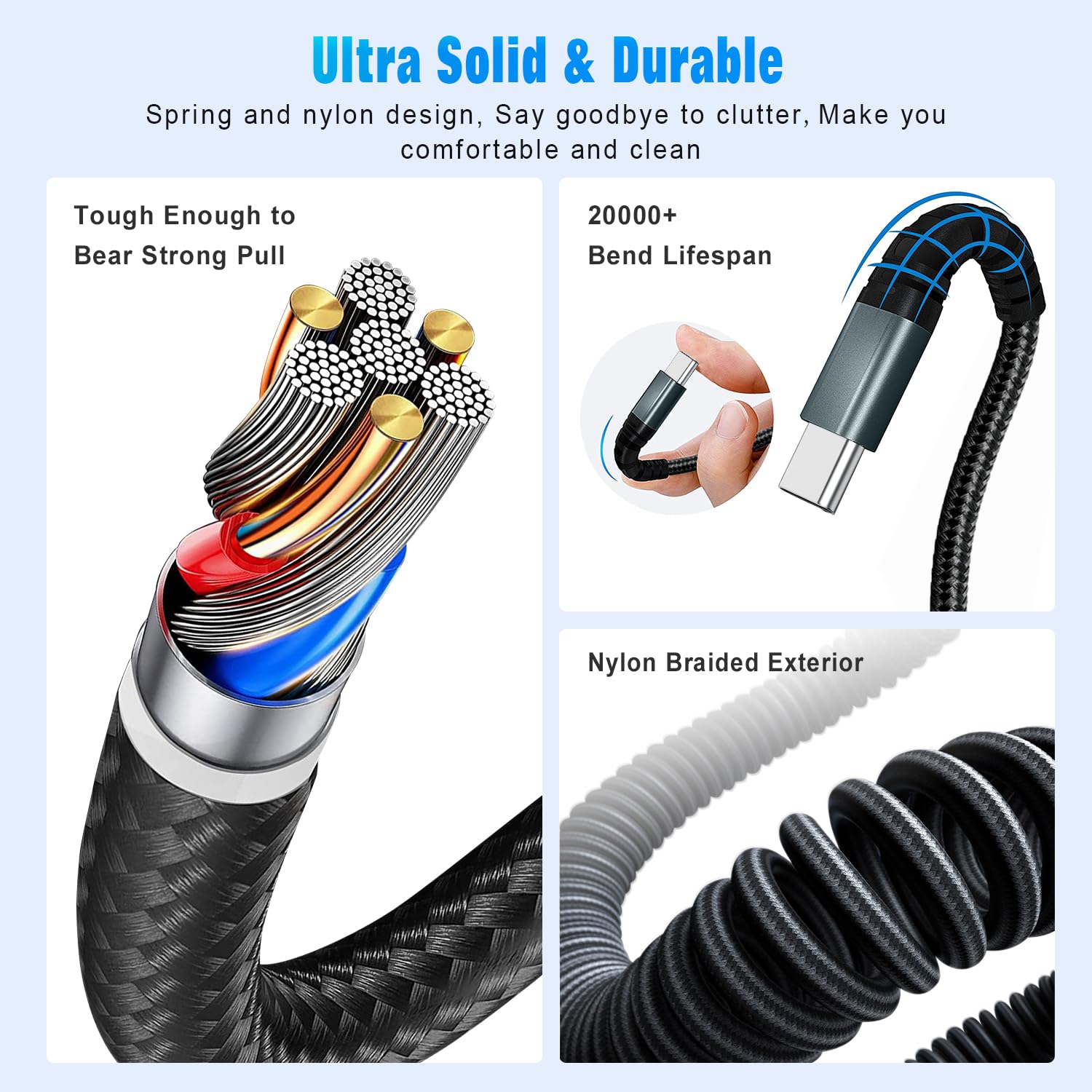 JUKEKUL Cavo USB C a spirale, 0,9 m, confezione da 2 cavi da USB A a USB C, ricarica rapida, cavo di ricarica intrecciato di tipo C, compatibile con iPhone 15 Pro Max Plus Note 20 iPad Pro Air Mini