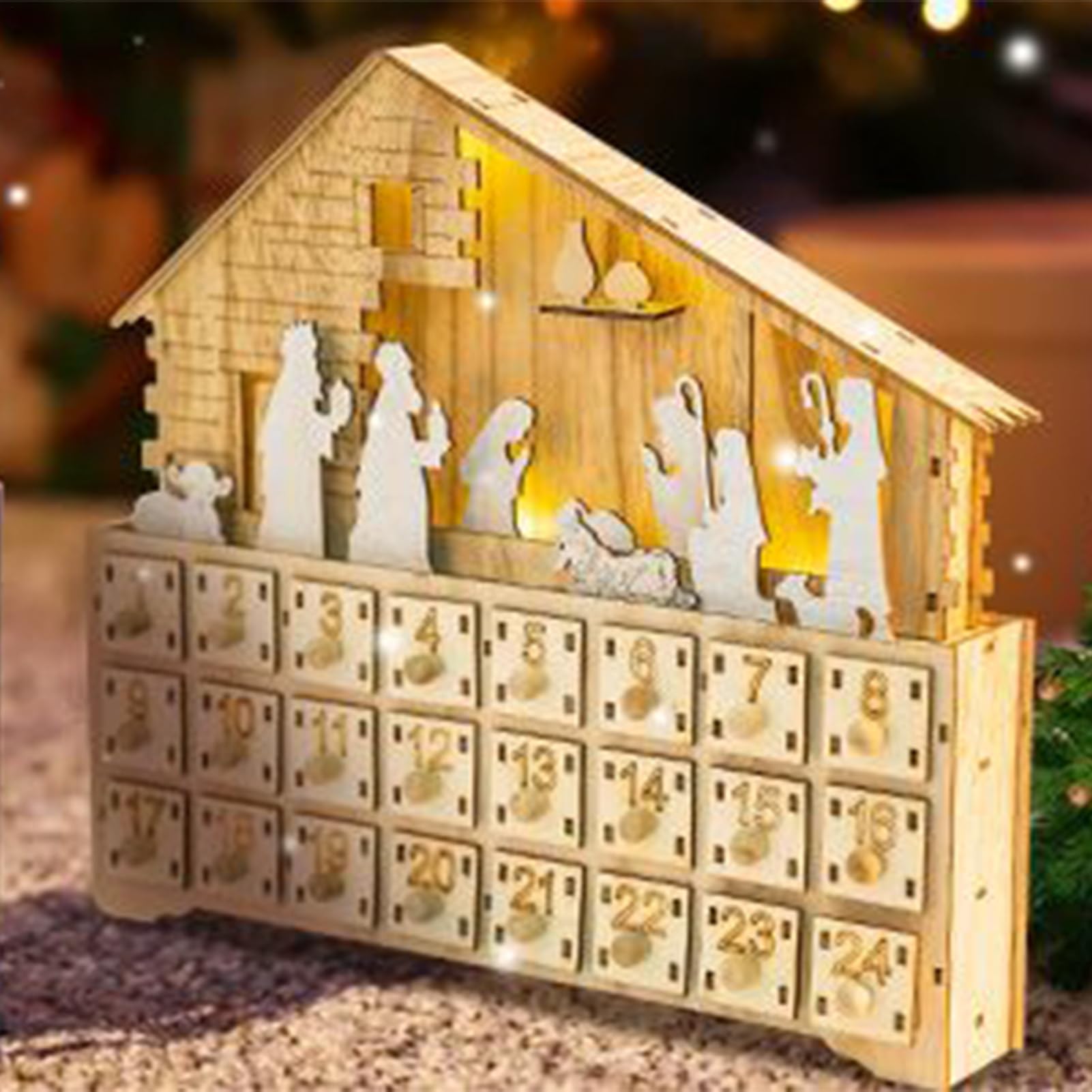 Casetta per presepe in legno, decorazione per 24 giorni