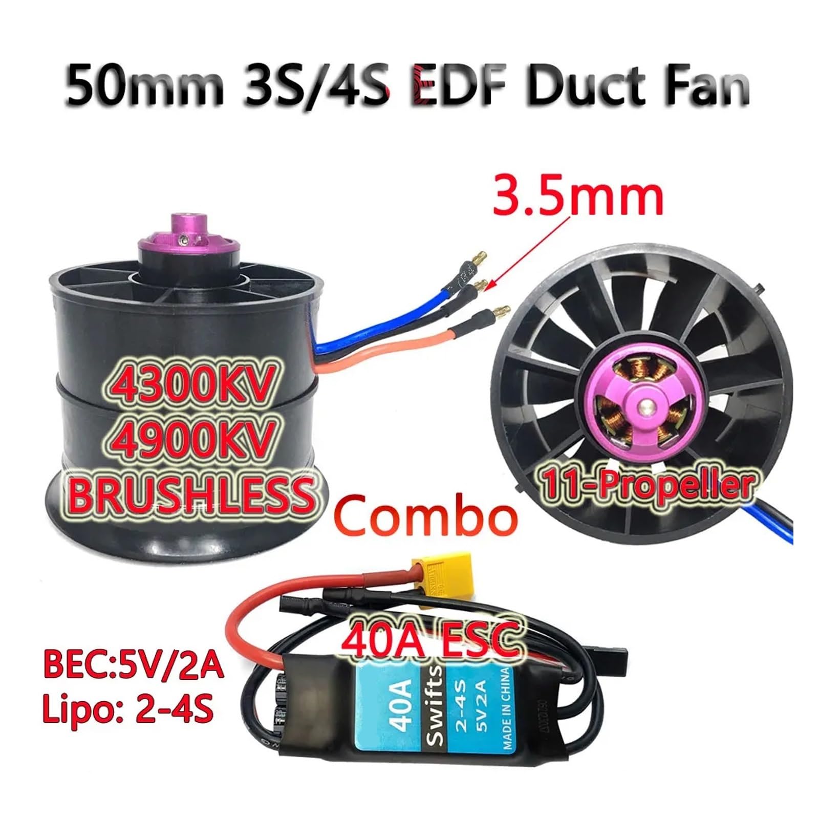 50mm 3-4S BEZSZCZOTKOWY kanał EDF 40A ESC 4900KV 4300KV 11-śmigło do bezszczotkowego silnika Rc Jet samolot(Only 40A ESC)
