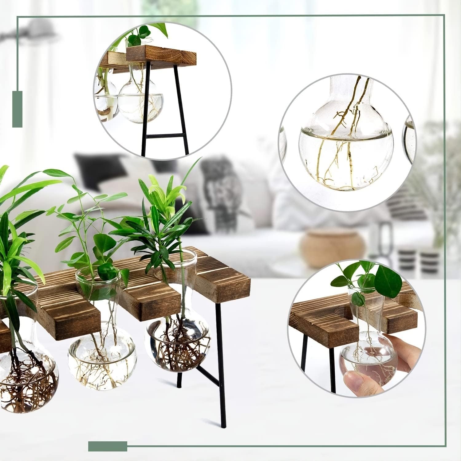 Plant Terrarium with Wooden Stand, Air Planter Bulb Glass Vase Metal Swivel Holder Retro Tabletop for Hydroponics Home Garden Office Decoration - 3 Bulb Vase